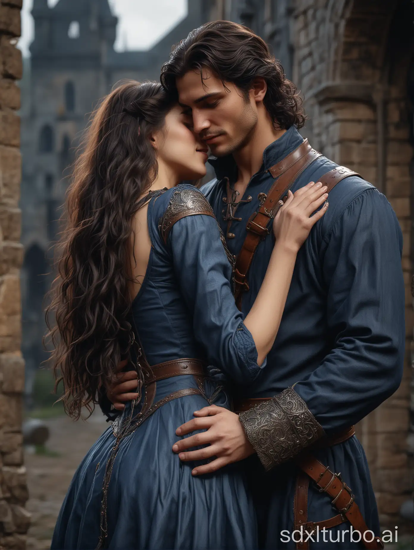 A happy beautiful girl of about twenty, with long black hair, slightly curly at the ends, in a medieval monotone dark blue dress,  the view half sideways, hugs a
handsome tall brutal  medieval man about 27 years old  with long brown hair and gray eyes  wearing a rich leather hunter's  outfit, touching her waist,  look at each other perfect composition, beautiful detailed intricate insanely detailed octane render trending on artstation, 8 k, photorealistic concept art, soft natural volumetric cinematic perfect light, chiaroscuro,  masterpiece, greg rutkowski 