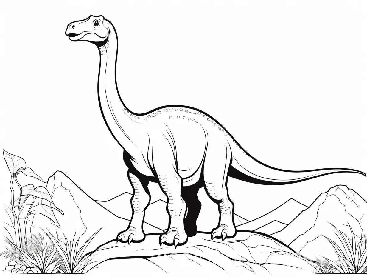 baby Brachiosaurus standing on a rock, Coloring Page, black and white, line art, white background, Simplicity, Ample White Space. The background of the coloring page is plain white to make it easy for young children to color within the lines. The outlines of all the subjects are easy to distinguish, making it simple for kids to color without too much difficulty