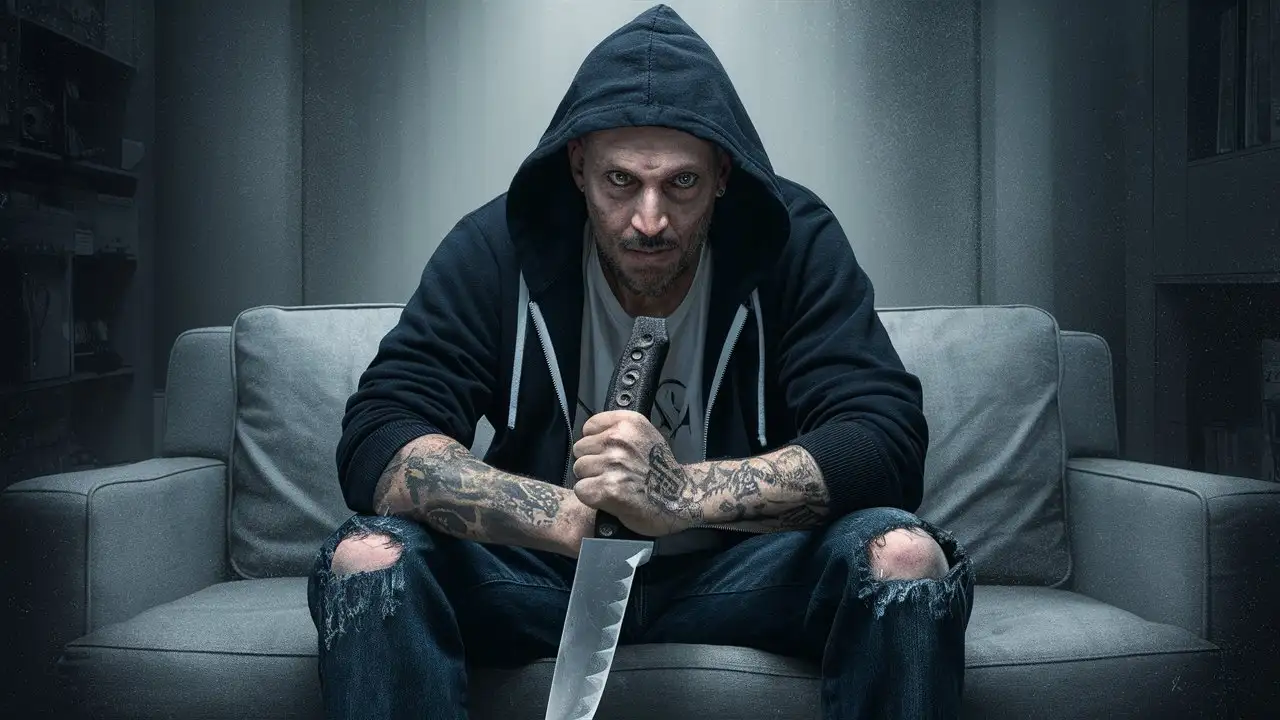 A realistic photo of a man with a menacing appearance, with tattoos covering his shoulders, sitting on a couch in a psychologist's office. In one hand, he holds a large knife on which he focuses all his attention. The scene captures the tension and anxiety characteristic of the true-crime climate, with subtle shades of darkness and horror in the background