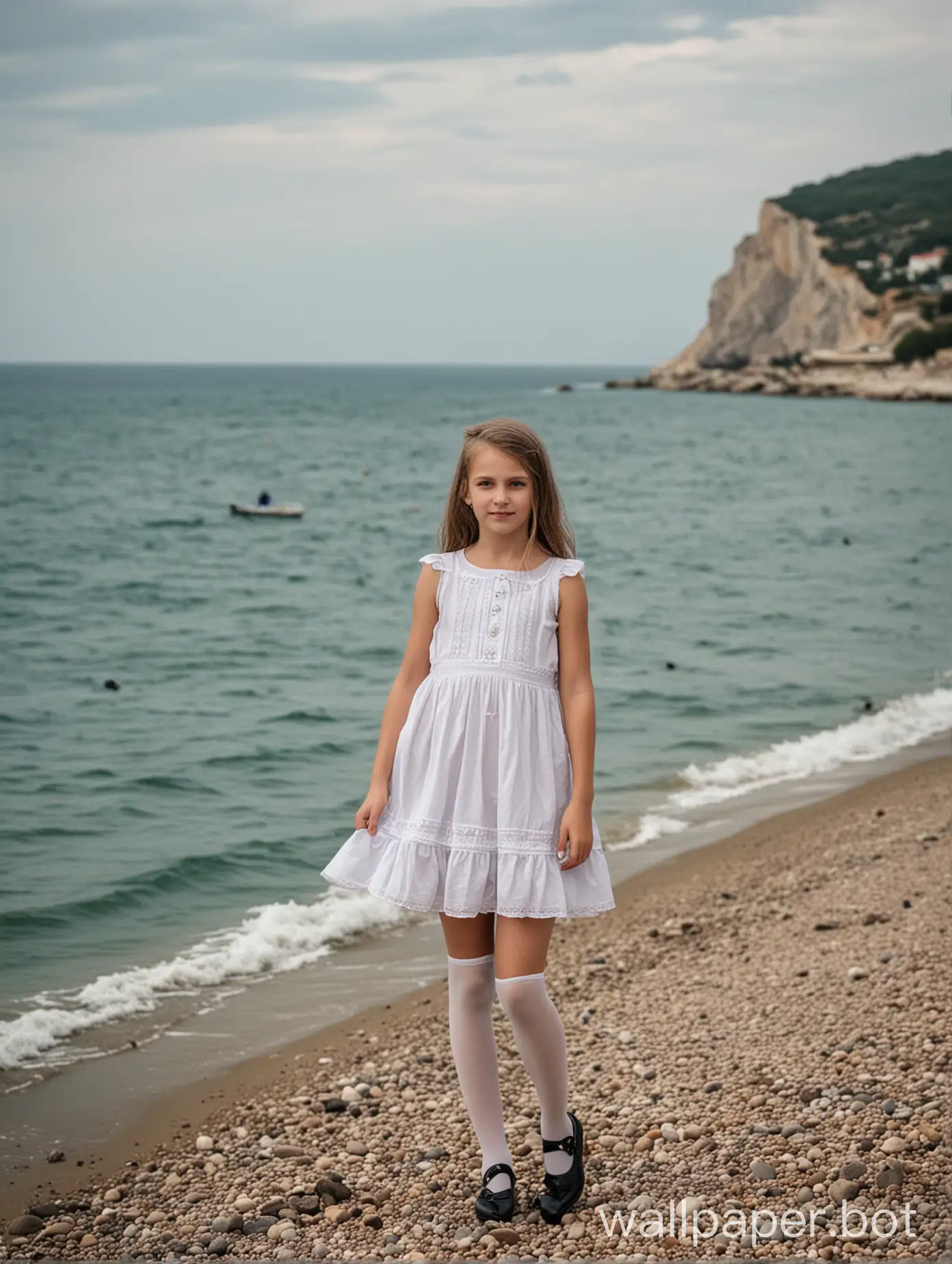 Crimea, sea view, 10-year-old girl in a short dress with stockings, full height