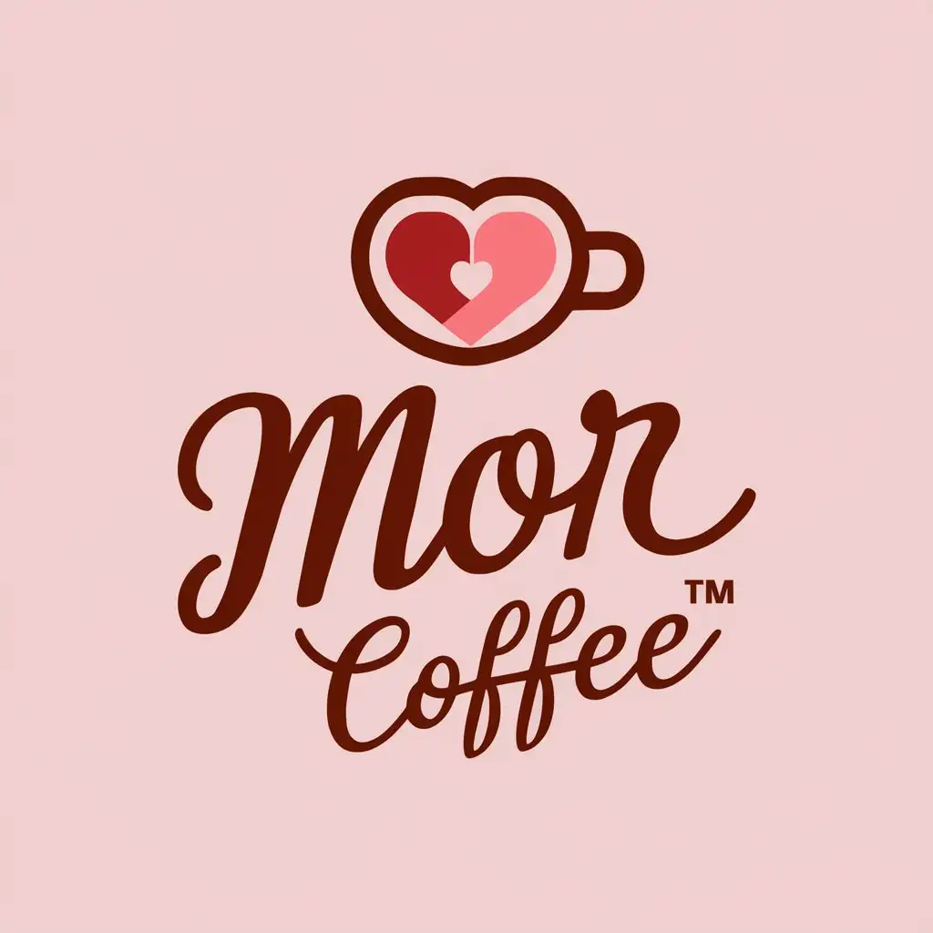 a logo design,with the text "MOR coffee", main symbol:The coffee shop is called MOR coffee, which in Spanish means love coffee and it plays in English like more coffee. Preferred color is blend of reds and pinks. Logo must be white wall or signboard mockup,Moderate,clear background