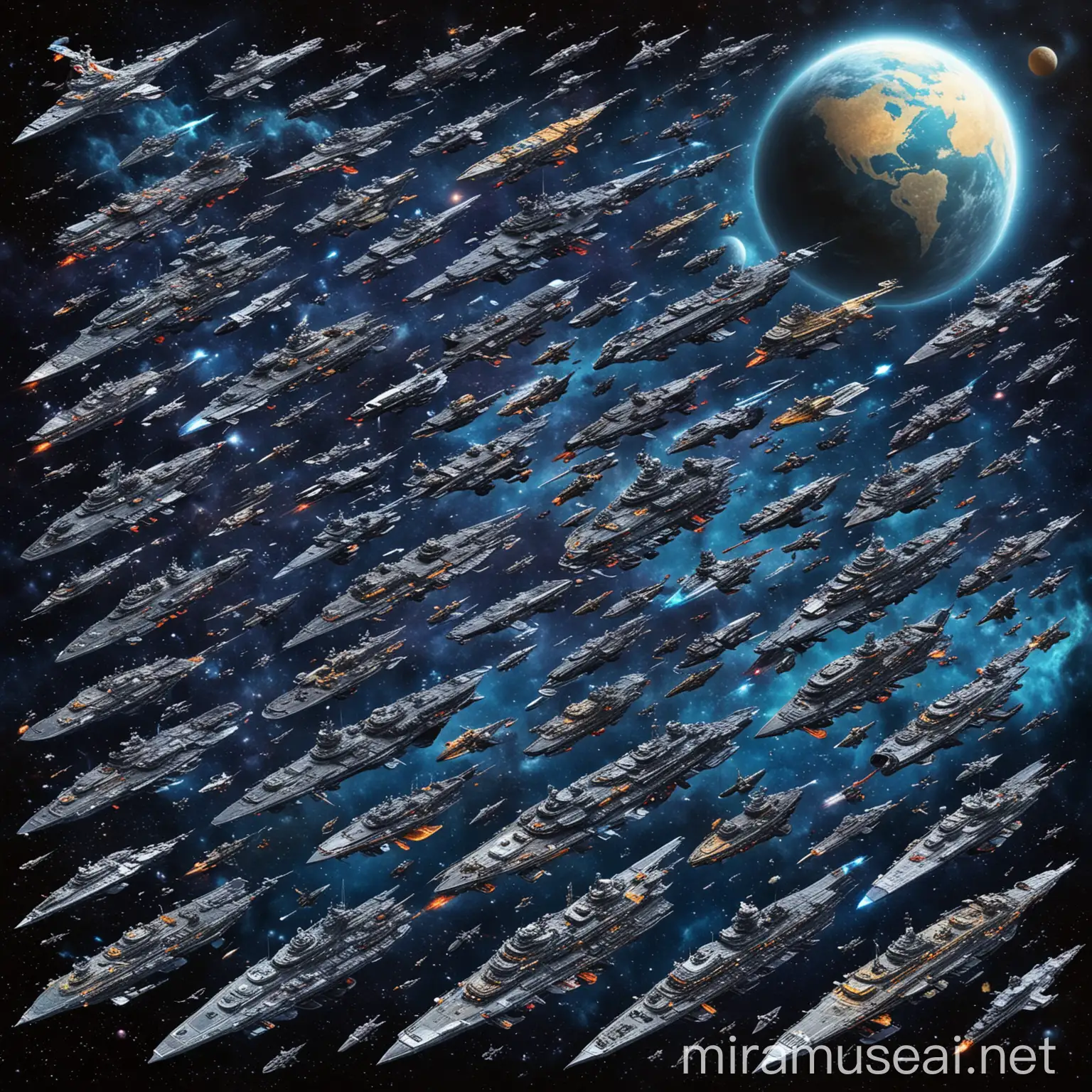 Futuristic Battle Scene Space Armada with 100 Warships