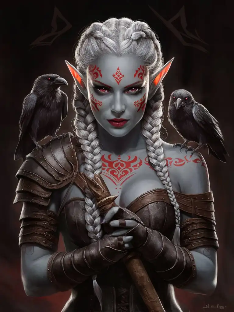 Beautiful elf woman with grey skin, dark red eyes, white braided hair, portrait, red facial tattoos, red lips, leather armour, sexy, deadly, ravens, dark background