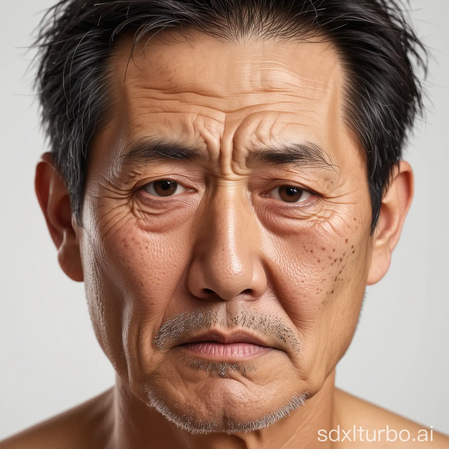 photorealistic masterpiece closeup photo of a unattractive manly mature asian japanese 70 year old father with clean shaven face, clean-shaven face, angry expression, frown, white background