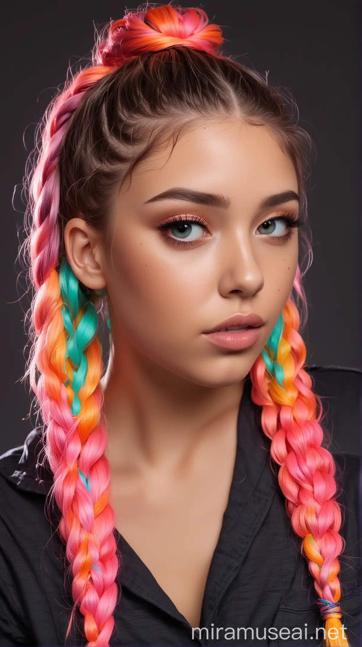 Draw a young woman, 25 years old, with bright neon-colored braids that glow in the dark. Her hairstyle is perfect for women who love to party and want to make a statement.