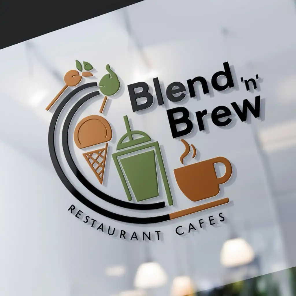 a logo design,with the text "BLEND 'N’ BREW", main symbol:Juice, smoothie, Ice cream, coffee, tea,Moderate,be used in Restaurant industry,clear background