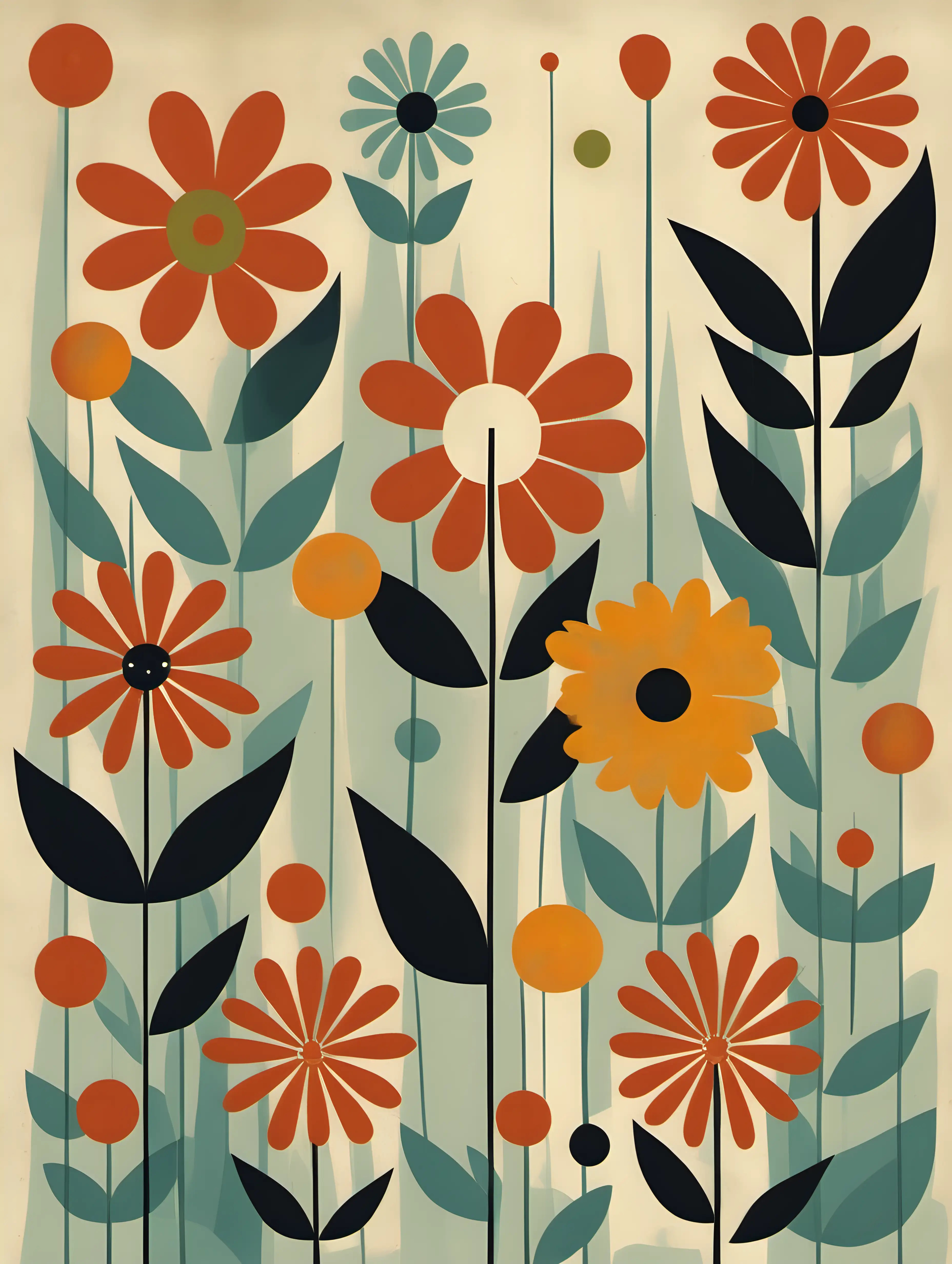 Colorful Mid Century Flowers in Abstract Art Style