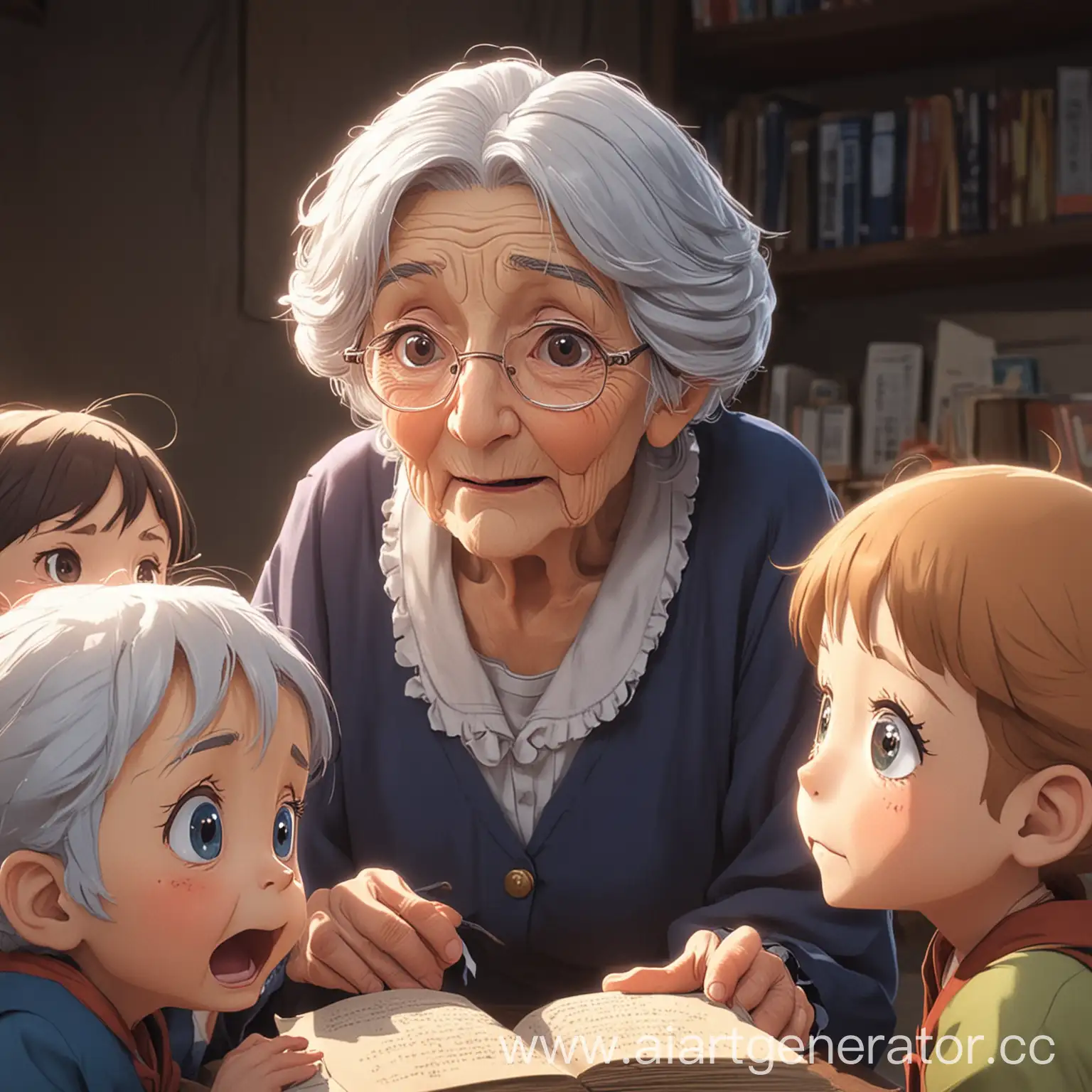 старушка рассказывает детям сказки в стиле аниме
