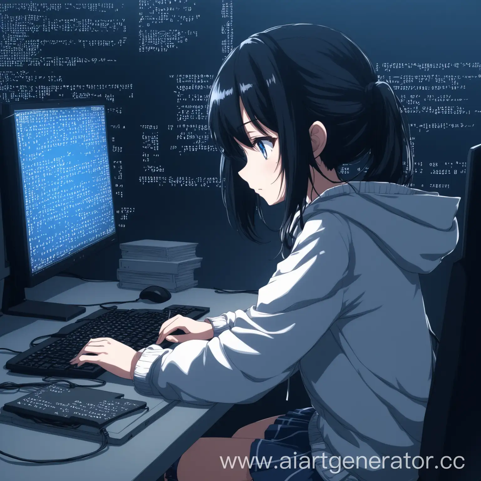 аниме девушка сидит за компьютером пишет код