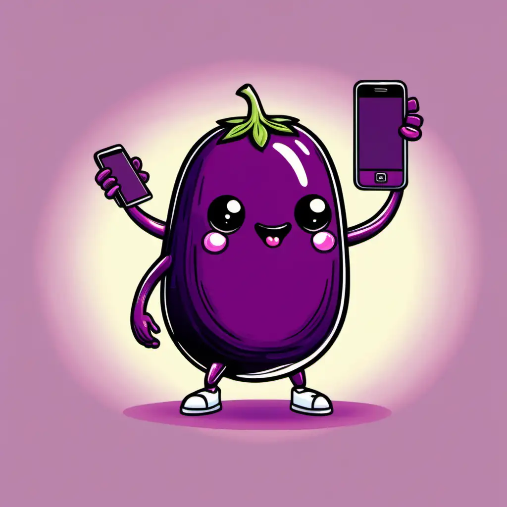 aubergine with arms and legs, holding mobile flip phone, kawaii style, detailed illustrated design