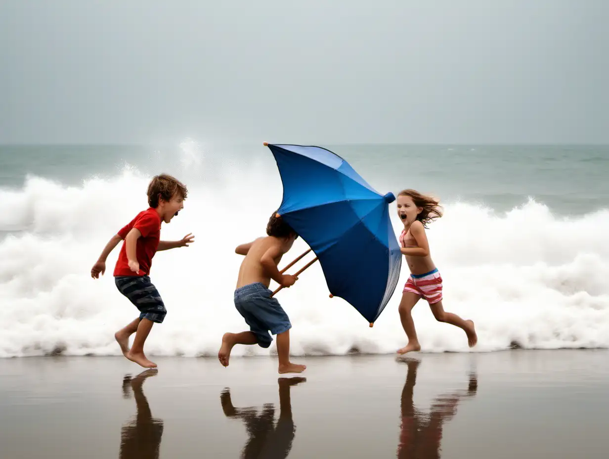 Kids chasing a beach umbrella that has blown away