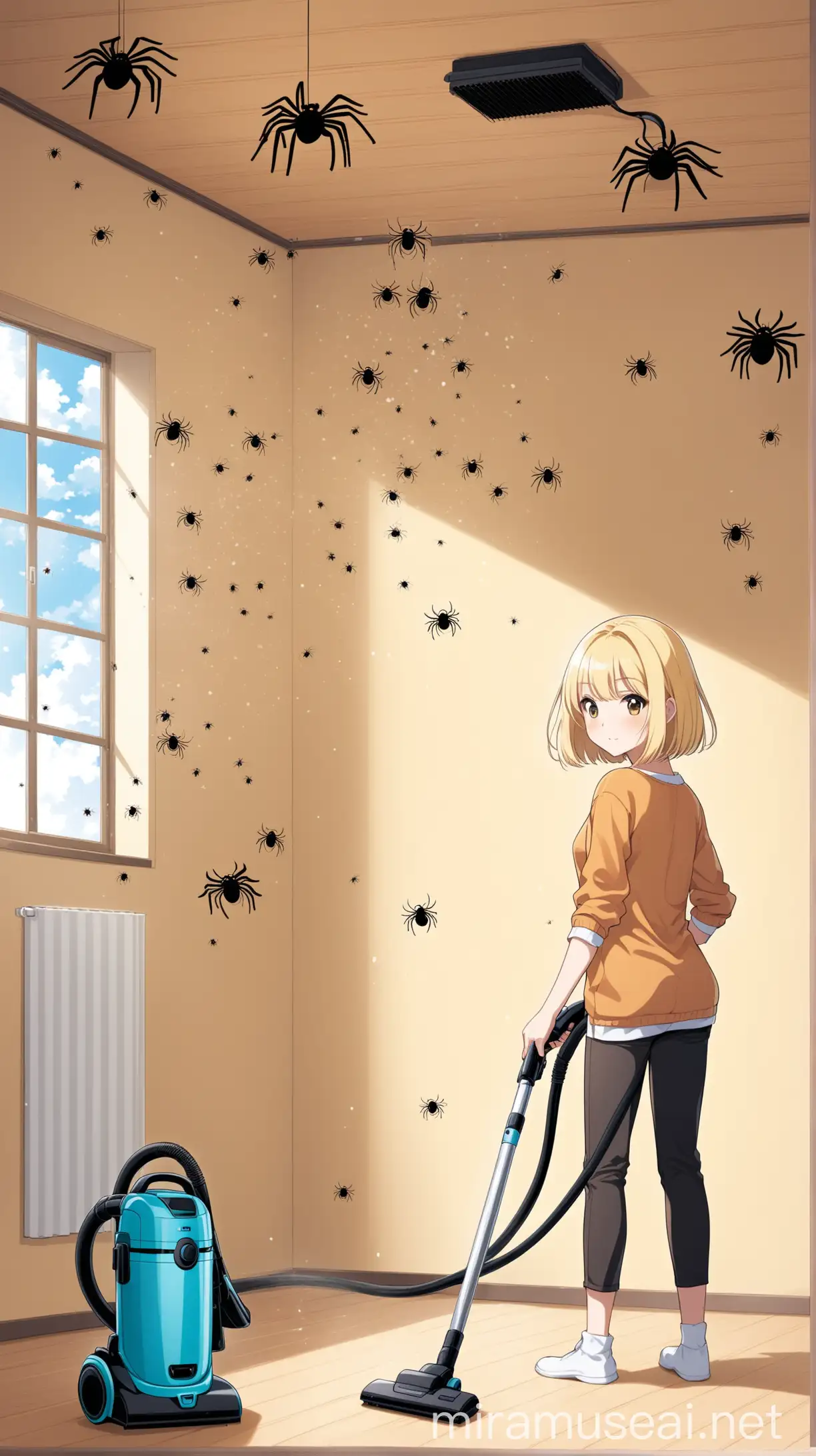 anime a blond girl with a bob haircut is cleaning the apartment from spiders on walls and ceiling with a Handheld Vacuum Cleaner. The room is clean/cozy but has few spiders. a vacuum clear is handheld and doesn't have a base.