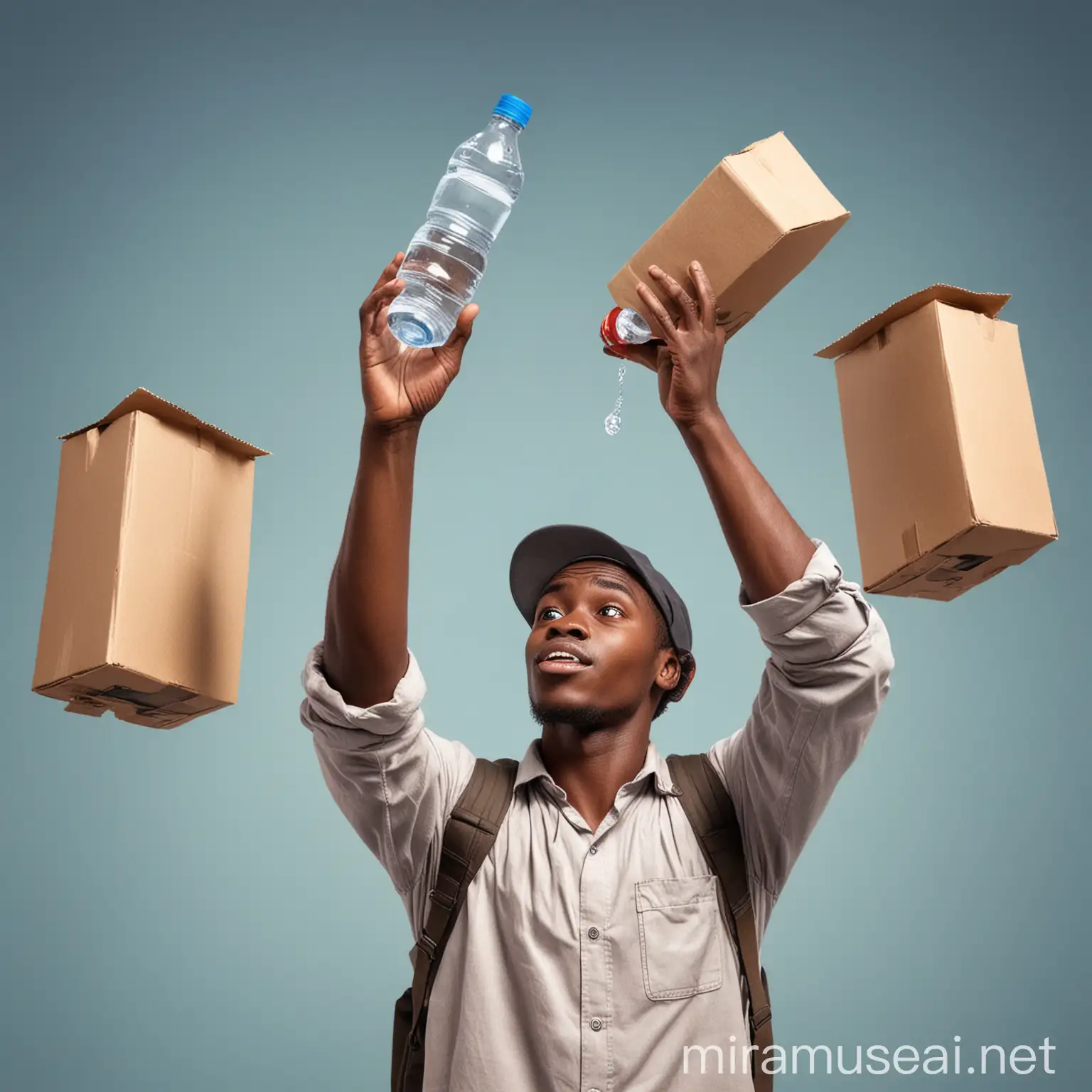 Create a realistic full image of an African young man selling small drinking water bottles, he is raising one bottle in the air to show it, he is also carrying the other bottles in a carton with the other hand.