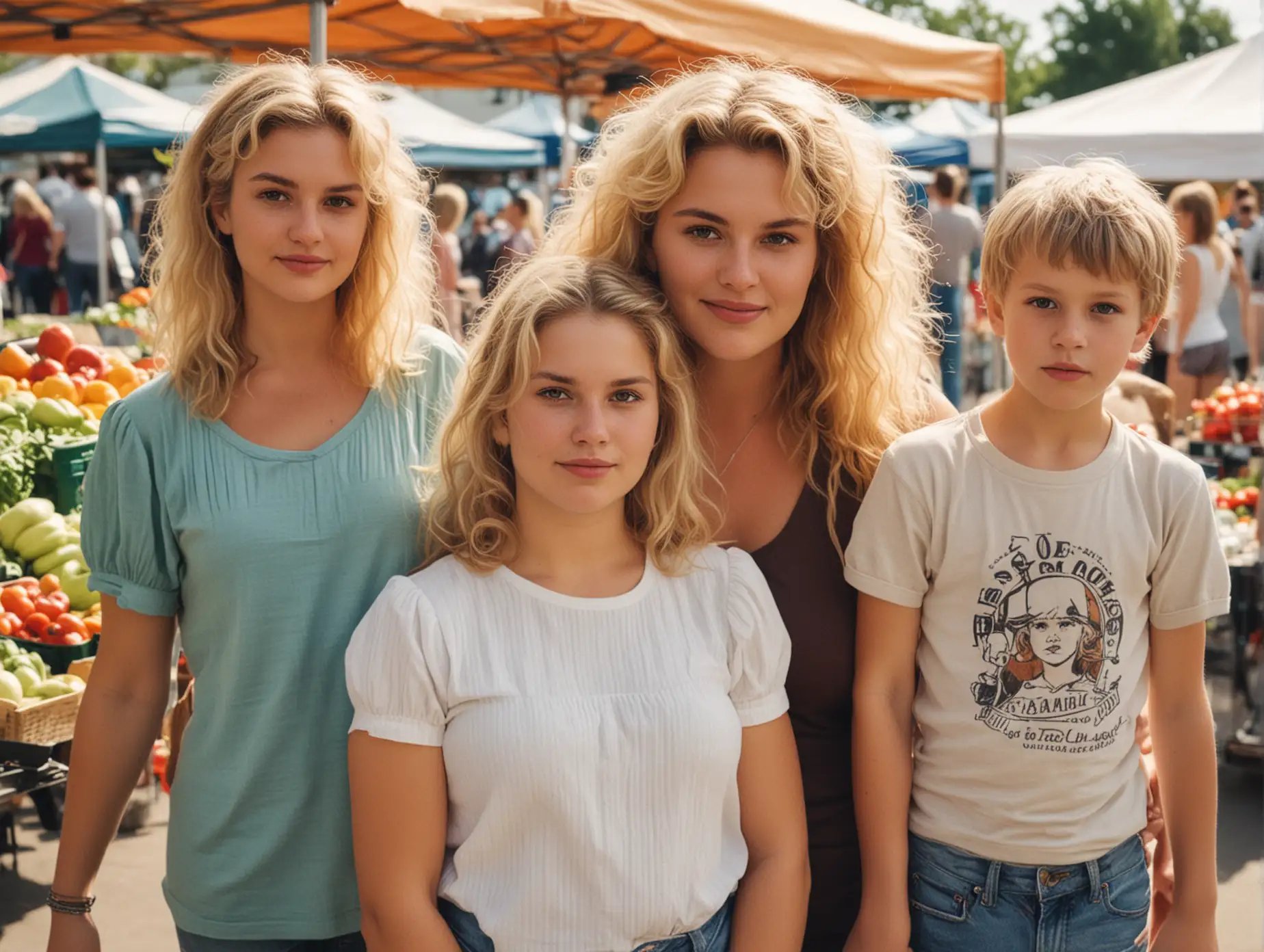 make a poorly taken photo of a bigger woman with brown 80s hair standing with her young blonde daughter and a young blonde boy at a farmers market