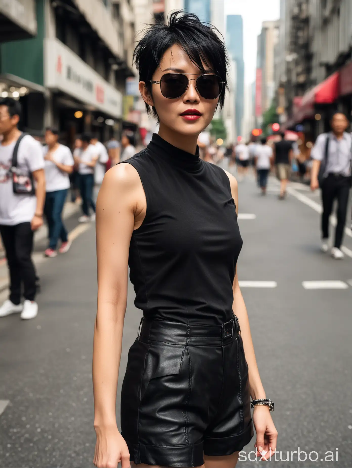 Faye Wong, 王菲, age 30, messy short hair, dark lipstick, sleeveless matrix inspired outfit, sunglasses, busy city sidewalk