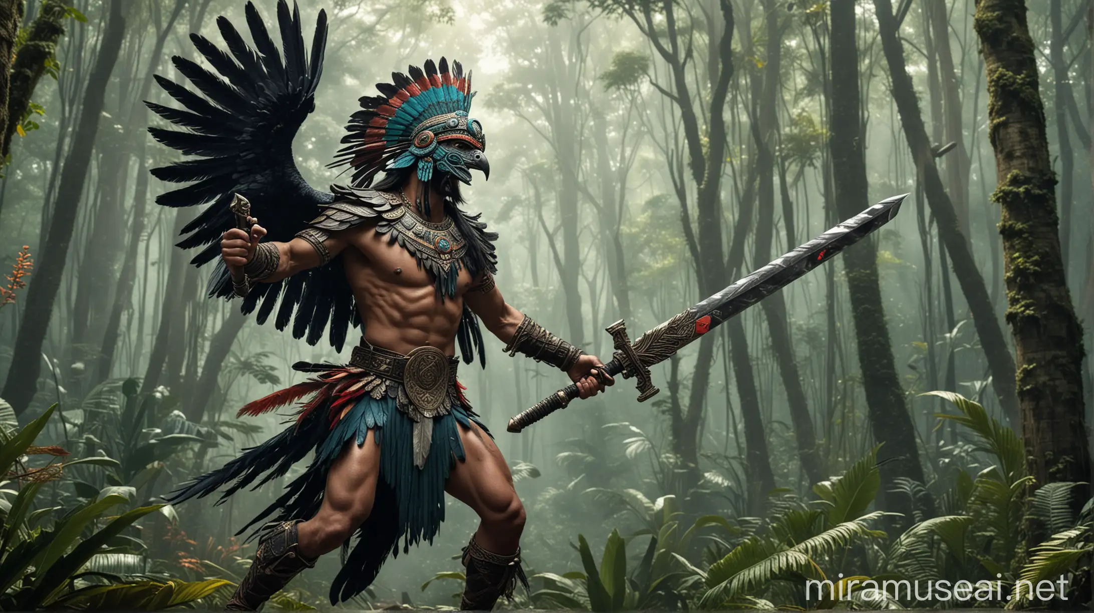 Un guerrero azteca con una espada ancha de obsidiana en la mano y un quetzal volando por el bosque atras de el Guerrero
