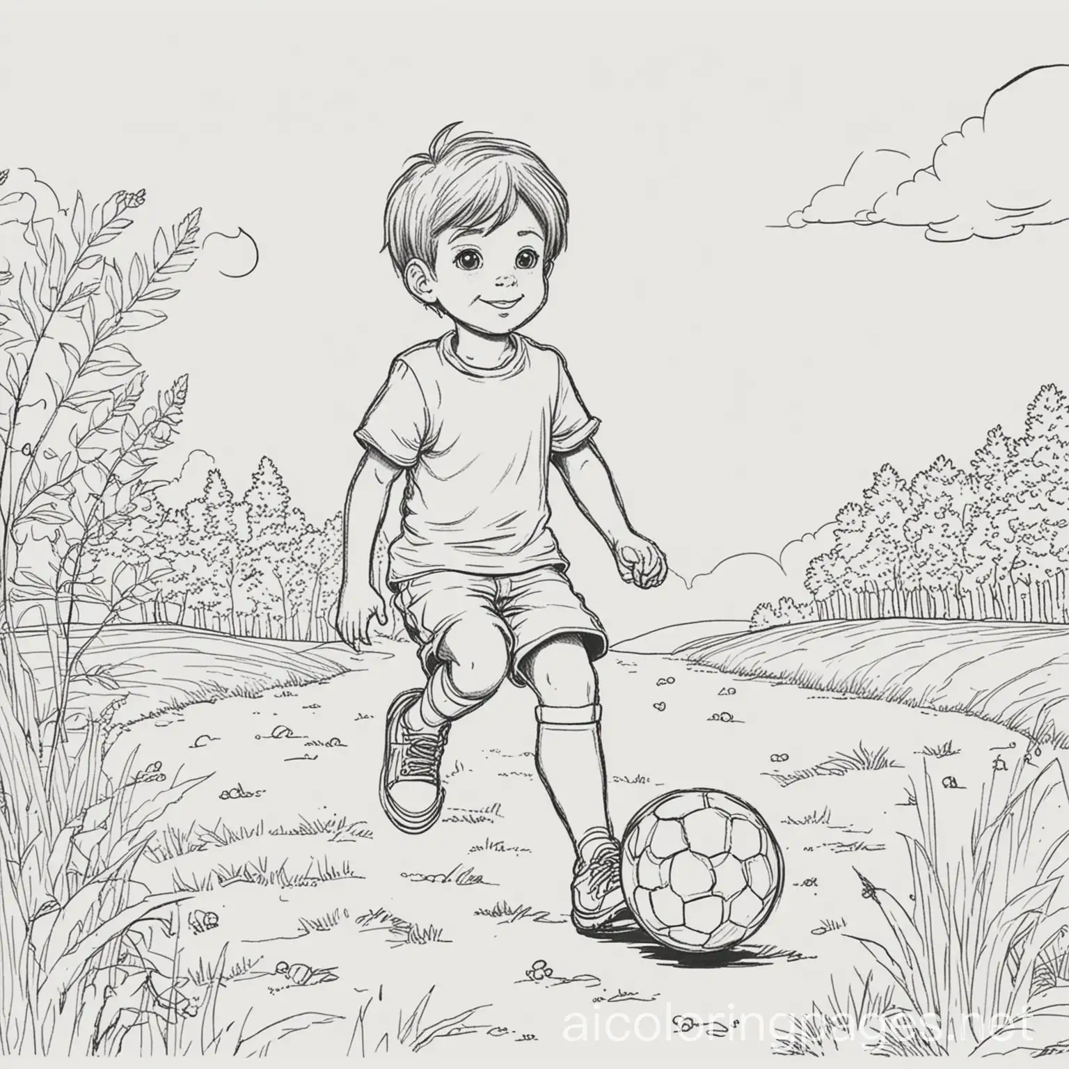 A boy kicking a ball . He’s in a field. Colouring page, black and white, line art, white background. Simplicity, ample white space. The background of the colouring page is white to make it easy for young kids to colour within the lines. The outlines of the subjects are easy to distinguish making it simple for kids to colour. Very simple design for young children , Coloring Page, black and white, line art, white background, Simplicity, Ample White Space. The background of the coloring page is plain white to make it easy for young children to color within the lines. The outlines of all the subjects are easy to distinguish, making it simple for kids to color without too much difficulty