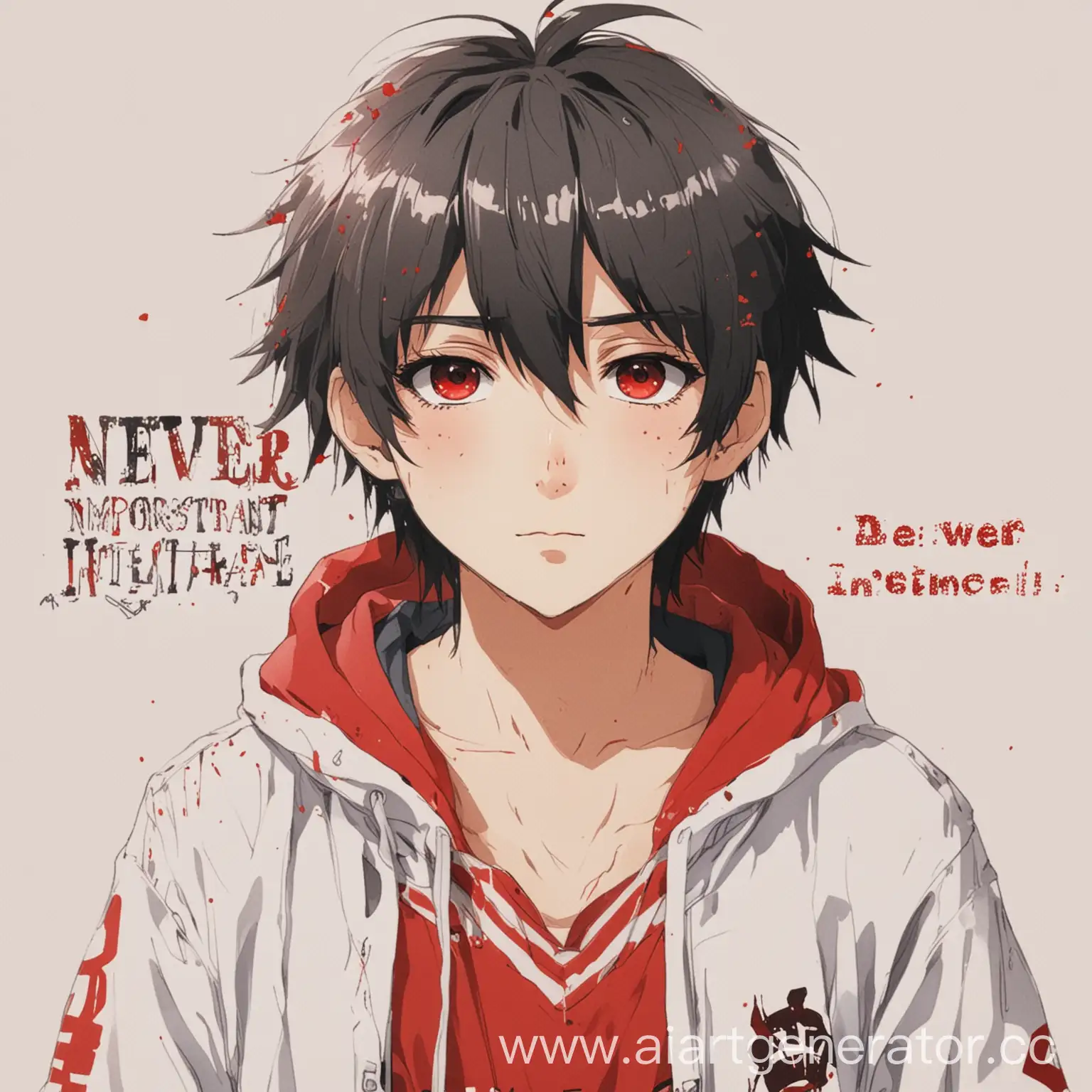 Anime-Boy-with-White-Background-Depicting-Never-Important-in-Red-Inscriptions