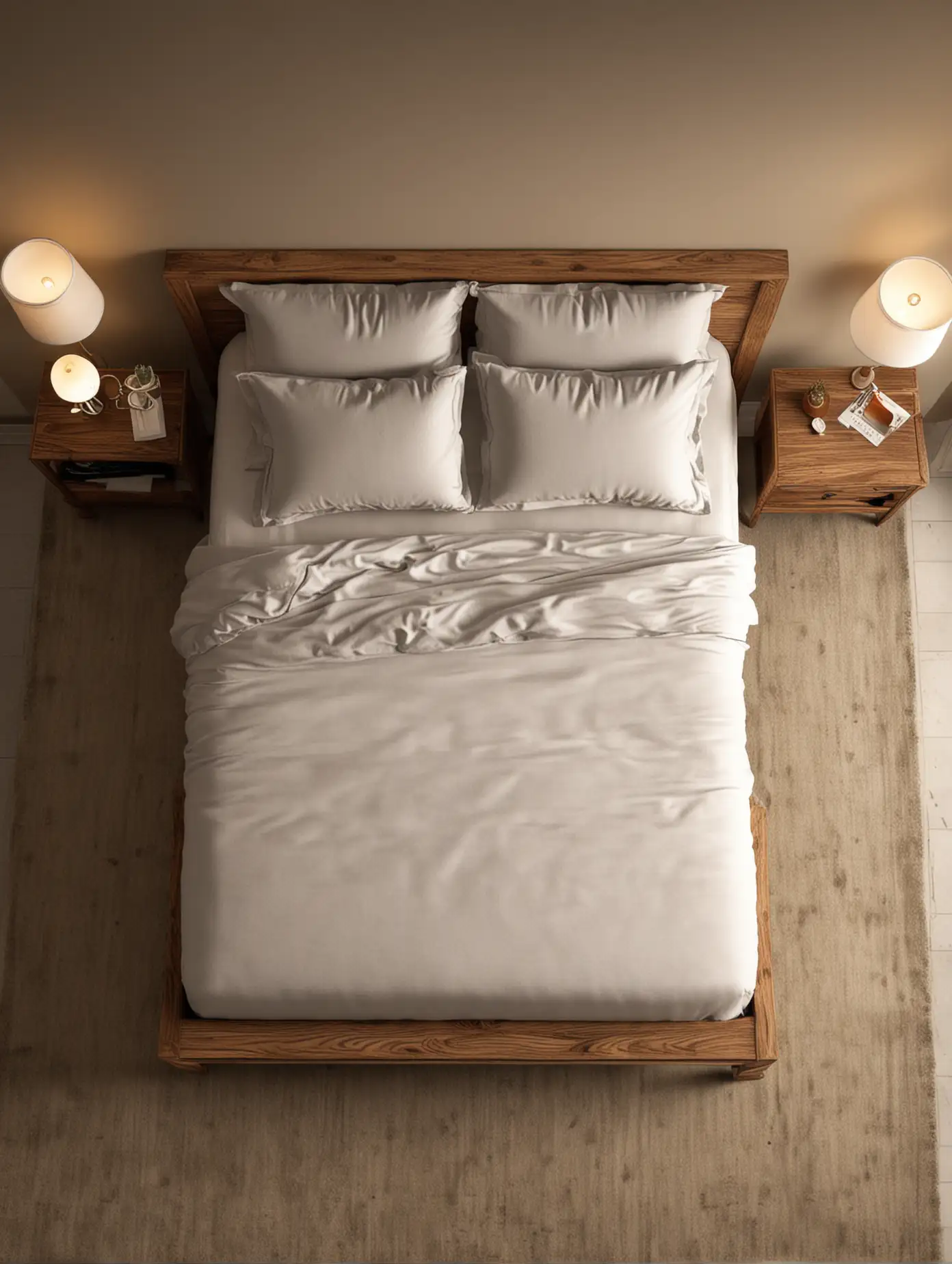 I want a mockup photo for a Bed . I want to show the bed from the celiling looking straight down at the bed. California king size Bed NO BEDDING . a lamp and nightstand beside the bed.