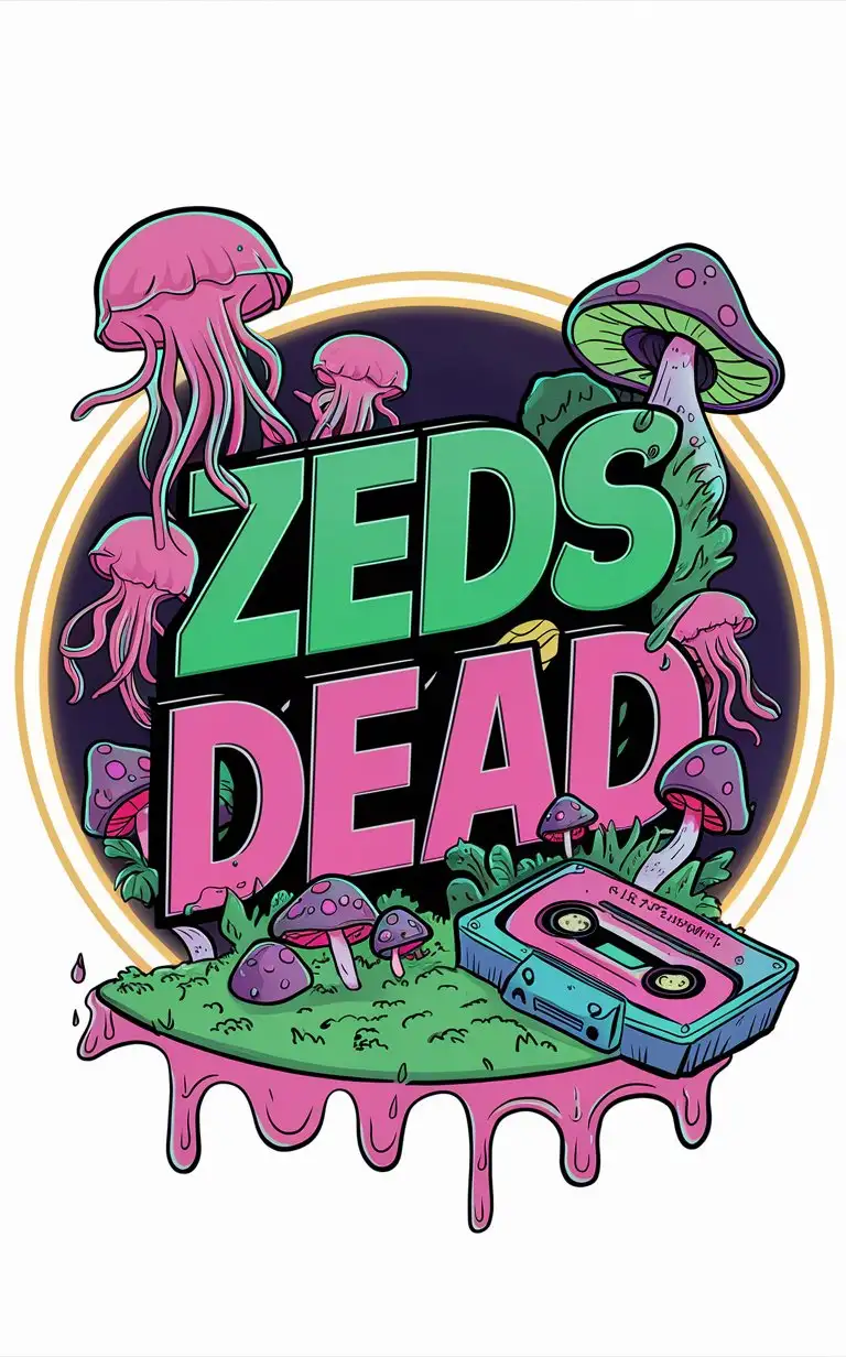 the words "Zeds Dead" with jellyfish, mushrooms a cassette tape. surrounded by a circle. cartoonish with neon colors dripping slime

