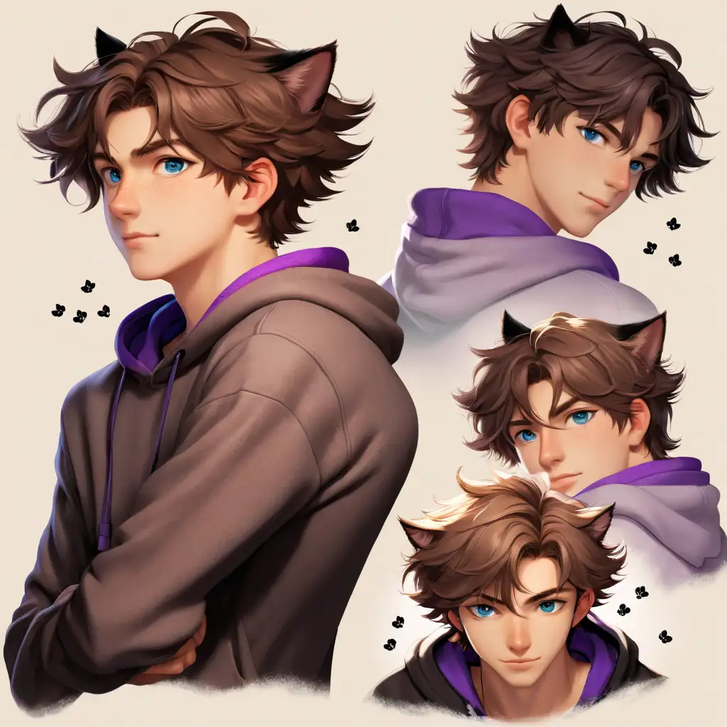 Feminine light brown fluffy haired, blue eyed 20 years old guy with light freckles, whole body, wearing a purple hoodie, Black cat ears