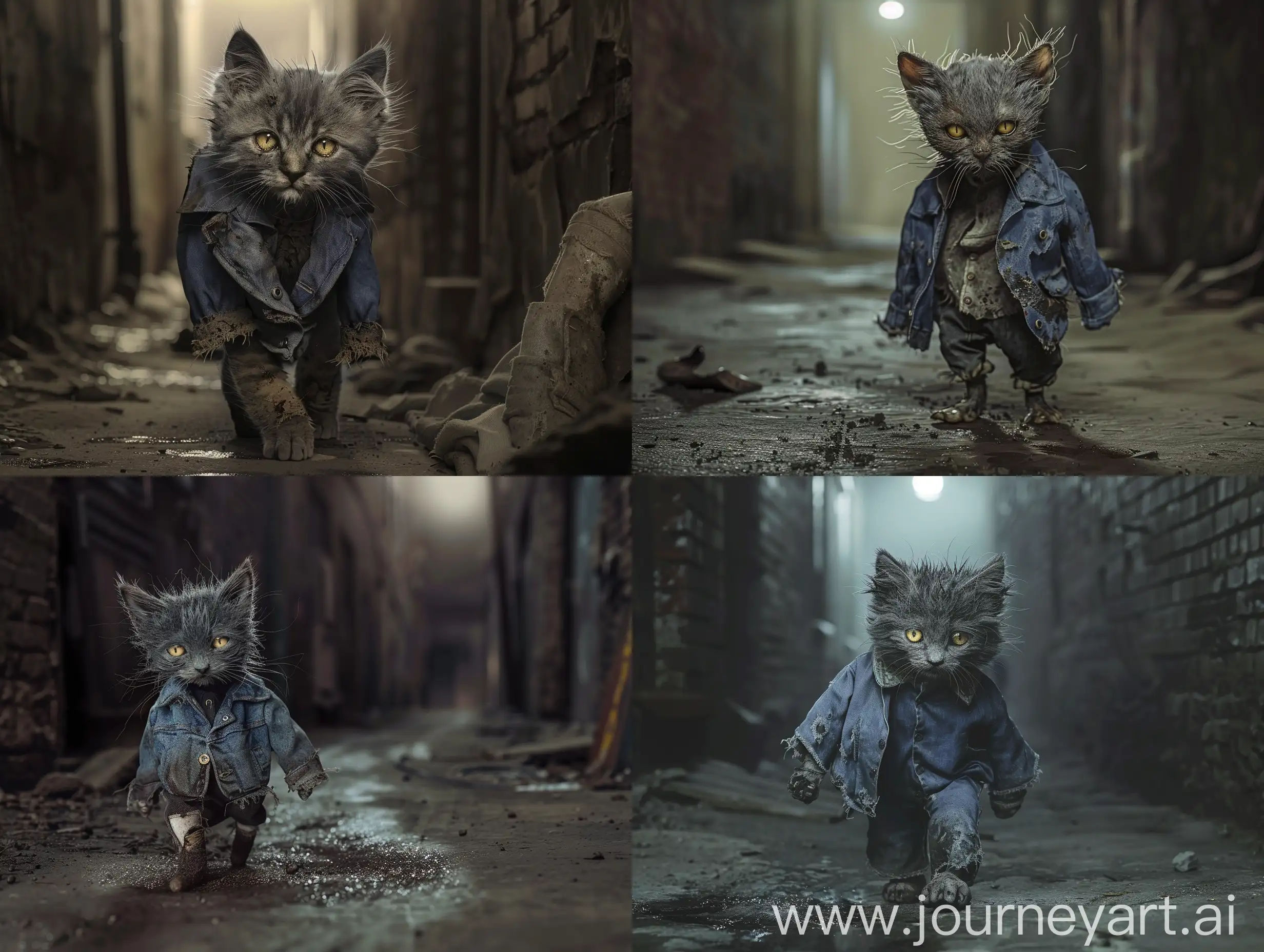 Lonely-Anthropomorphic-Cat-in-Tattered-Clothes-Walking-Alone-in-Desolate-Alley-at-Night