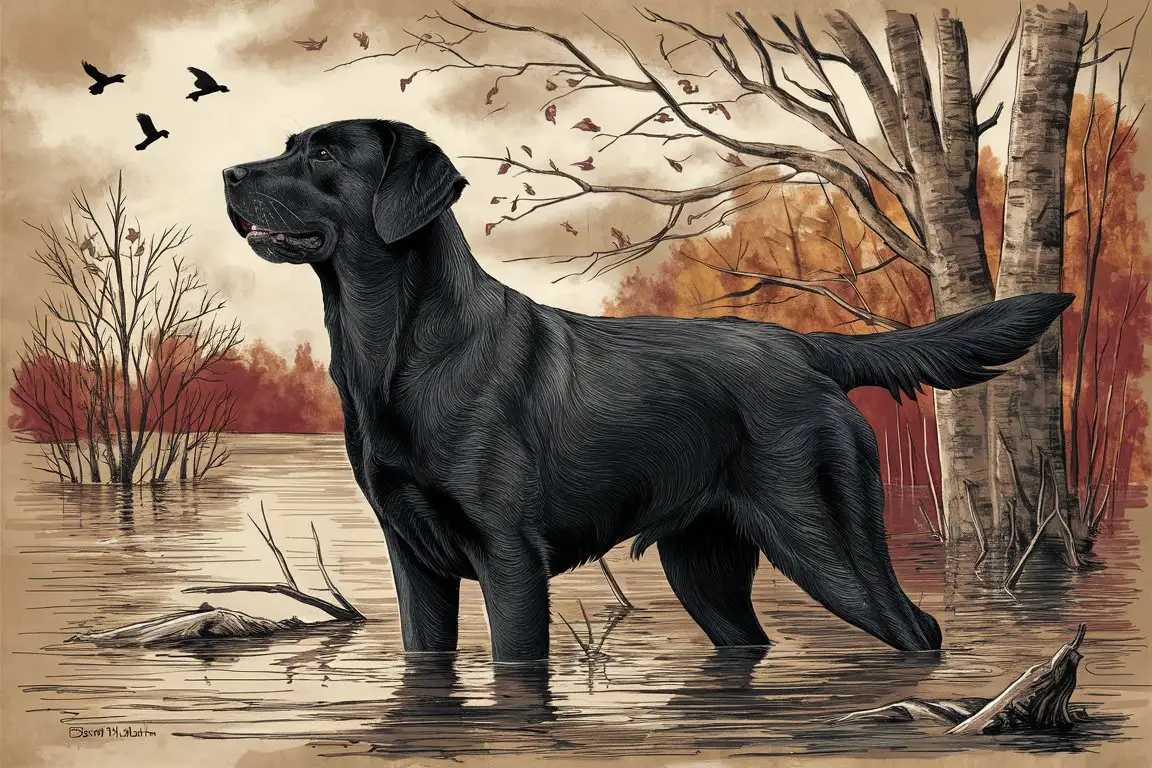 in late fall in flooded timber, a skillfully rendered sketch illustration of a Black Labrador Retriever with thick wavy fur looking into the sky waiting patiently, small silhouettes of ducks flying high in the far distance 