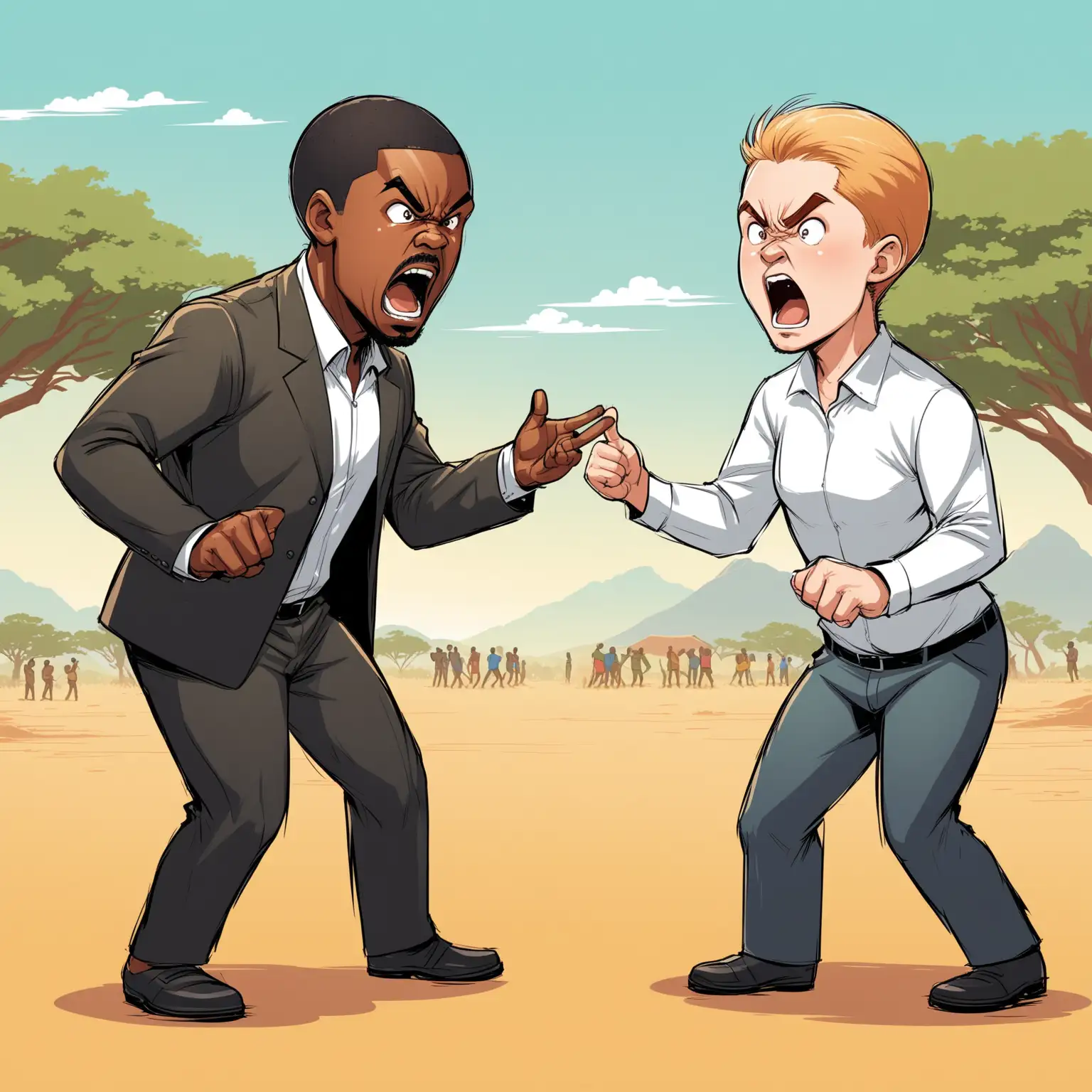 Illustrate a photo of a black person and white person arguing and standing in south africa. Cartoon style.