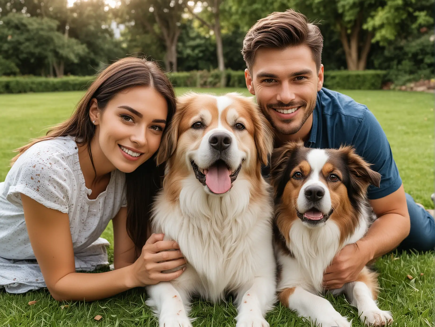 A handsome man and a beautiful woman took a photo with their pet dog on the lawn, with exquisite facial features and professional photography technology