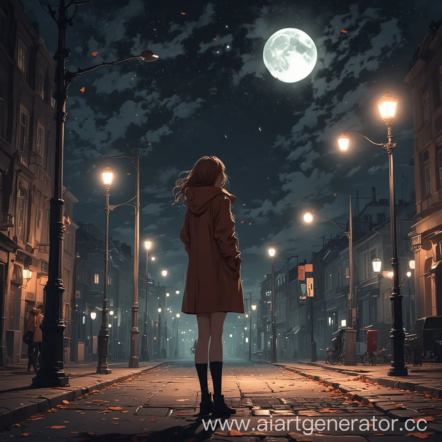 Аниме стиль, современный осенний город вечером, девушка в пальто смотрит на небо, на котором уже луна, на улице темно и горят фонари