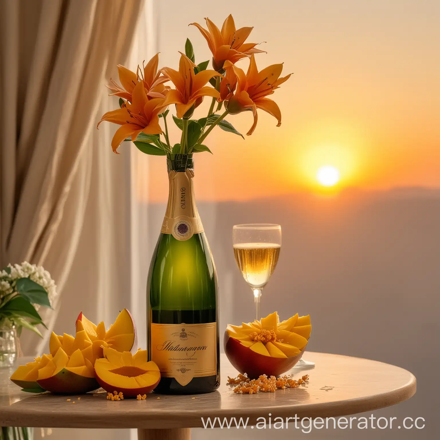 бутылка шампанского, манго кусочками, цветы в вазе, на фоне восхода солнца