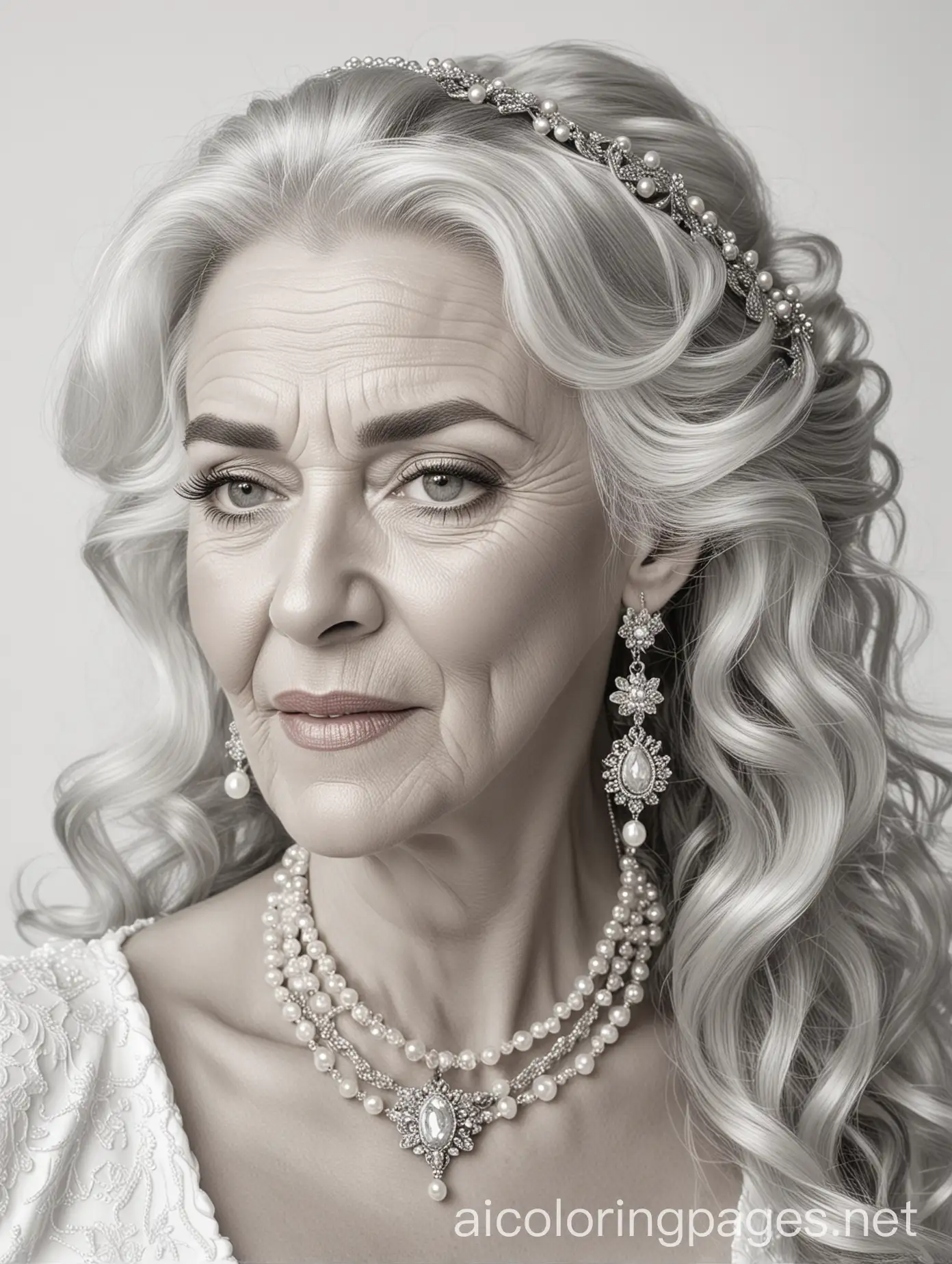 portrait of an older woman touching her face with fancy jewelry and Bridgerton half up half down hairstyle with long wavey hair and pearls and a fancy dress, Coloring Page, black and white, line art, white background, Simplicity, Ample White Space