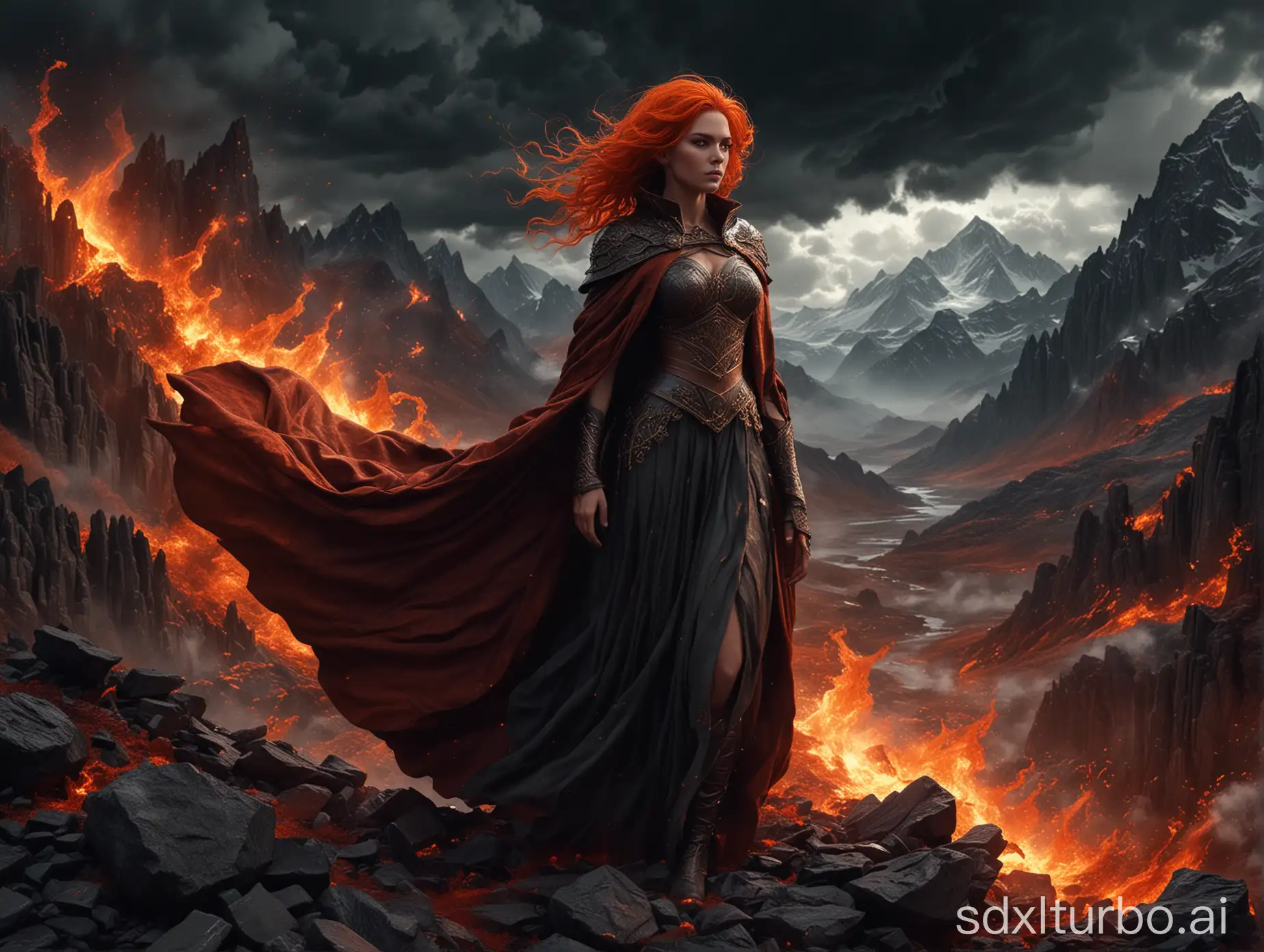 A captivating high-octane render of a mysterious woman enveloped in dark, fiery elements. Her fiery hair and cloak swirl around her, creating a dramatic effect amidst a turbulent backdrop. The intricate details of her outfit and the intense intensity of the embers make the image pop. The background is filled with a deep, dramatic landscape of swirling clouds and mountainous terrain. The high dynamic range and detailed rendering of the scene make this a striking and memorable image., 3d render, photo