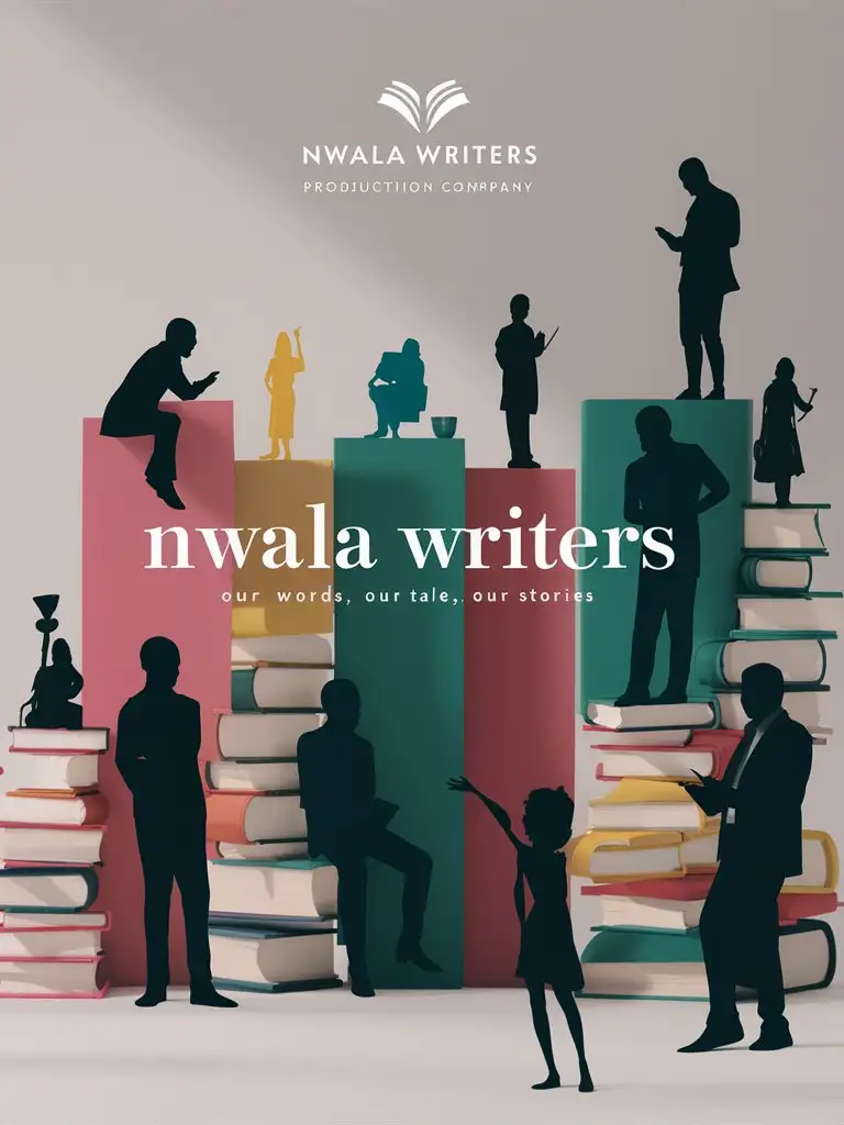 Writers Production Company wall banner animation design. minimalistic design, Title 'Nwala Writers" depicting storytellers, writers, and books and writing in focus. the tagline says 'Our Words, Our Tales, Our Stories' writers and storyteller silhouettes in different blocks of colour, white infused