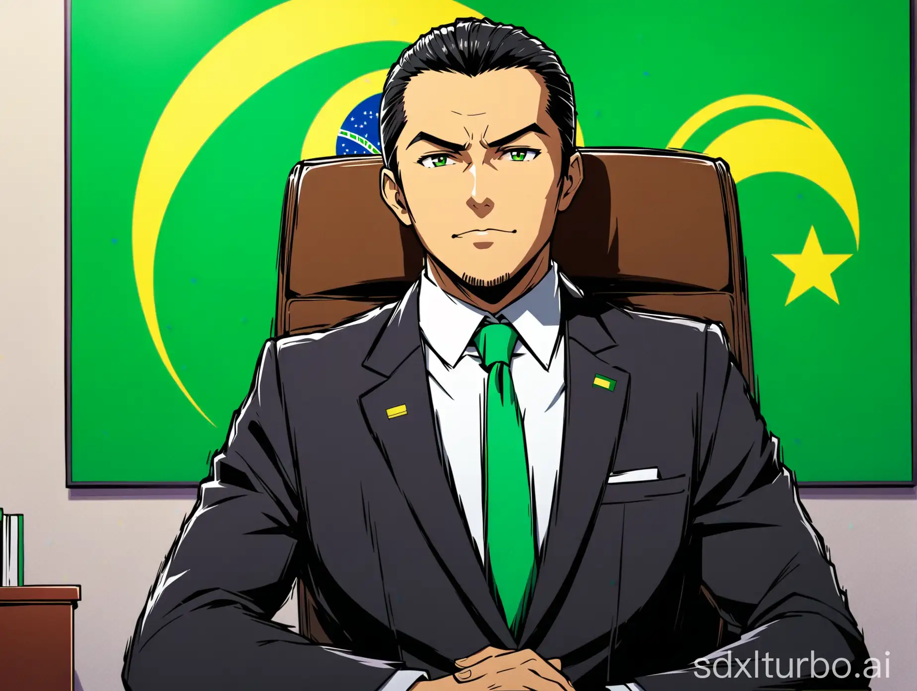 Um homem de 30 anos de terno bem vestido sentado em uma cadeira de frente pra uma mesa de escritório com uma bandeira do brasil pendurada atraz dele  parede. parece que ele e precisdente do Brasil. tudo em forma de anime