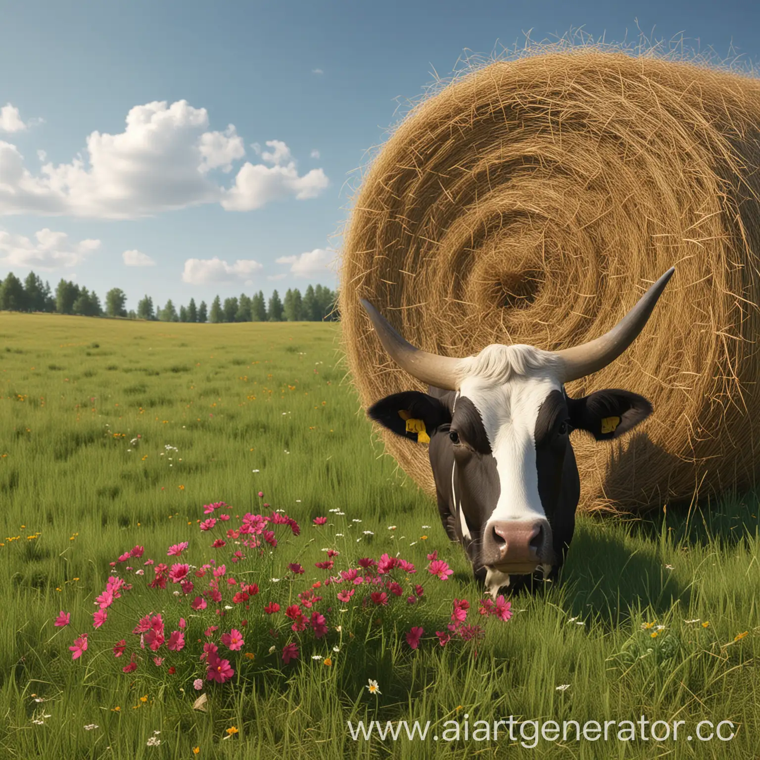 Bull-Grazing-on-Hay-Field-with-Cosmos-Flowers