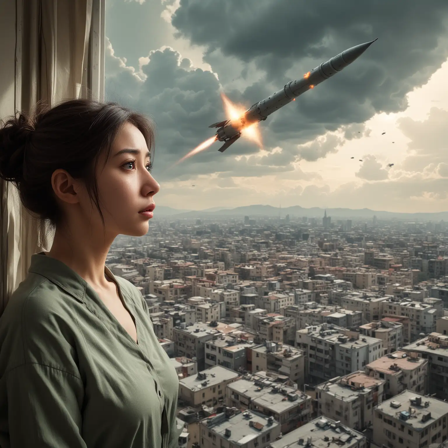 Anxious Person Watching Aerial Missile in Peaceful Setting