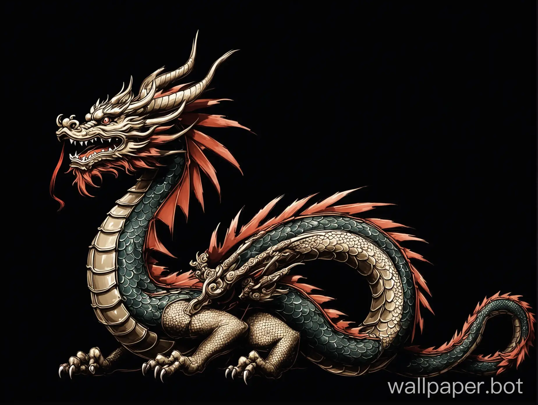A japanese style dragon positioned at the right with a dark background