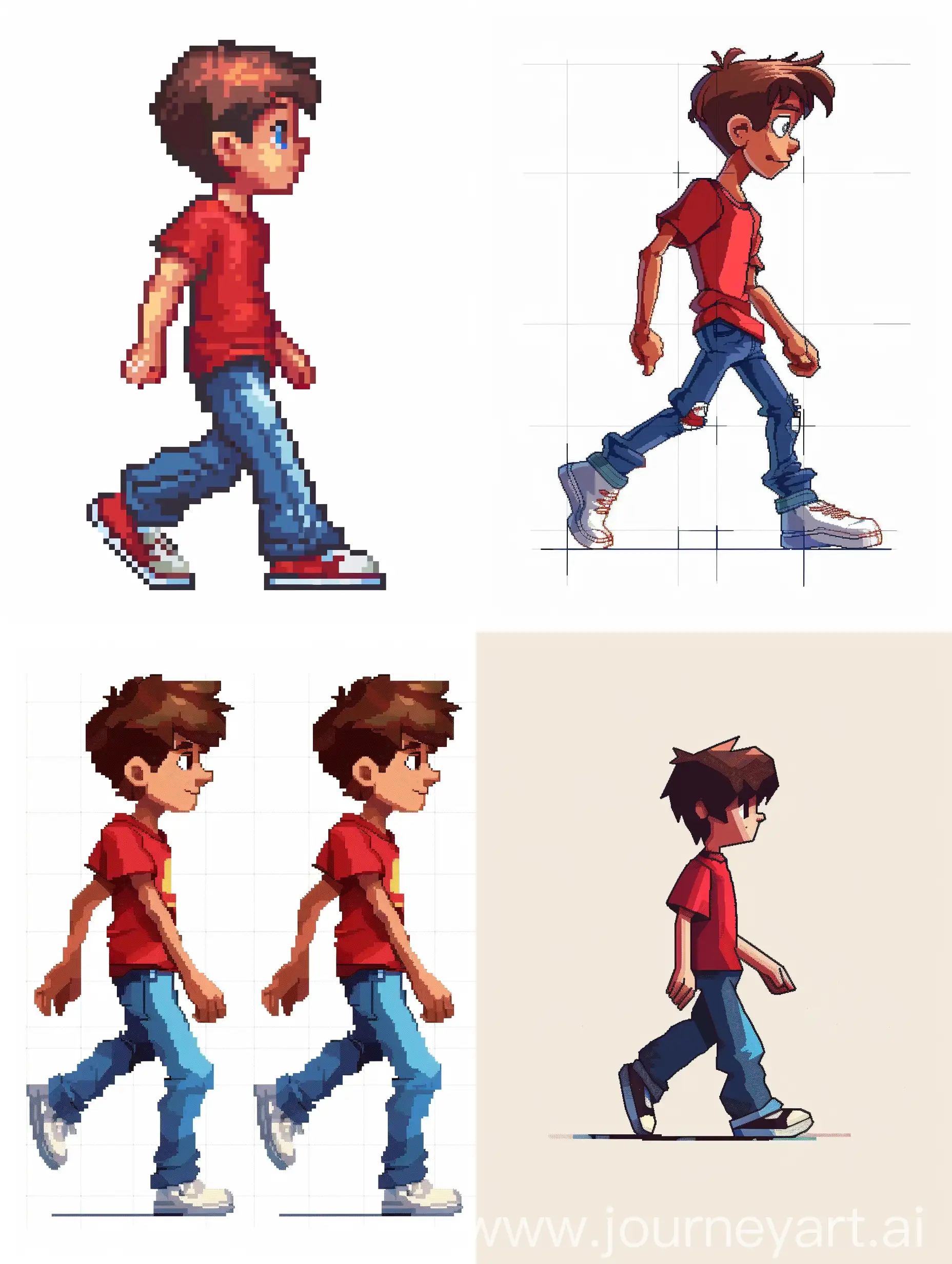 Create a pixel art character of a boy walking to the right. The boy should be about 32x32 pixels in size. He has short brown hair, a red t-shirt, blue jeans, and white sneakers. The walking animation should include at least four frames to show a smooth motion. Pay attention to the details of the boy's clothing and movement, ensuring the arms and legs move naturally as he walks. Use vibrant colors and a clear outline to make the character stand out. --v 6.0 --ar 16:9