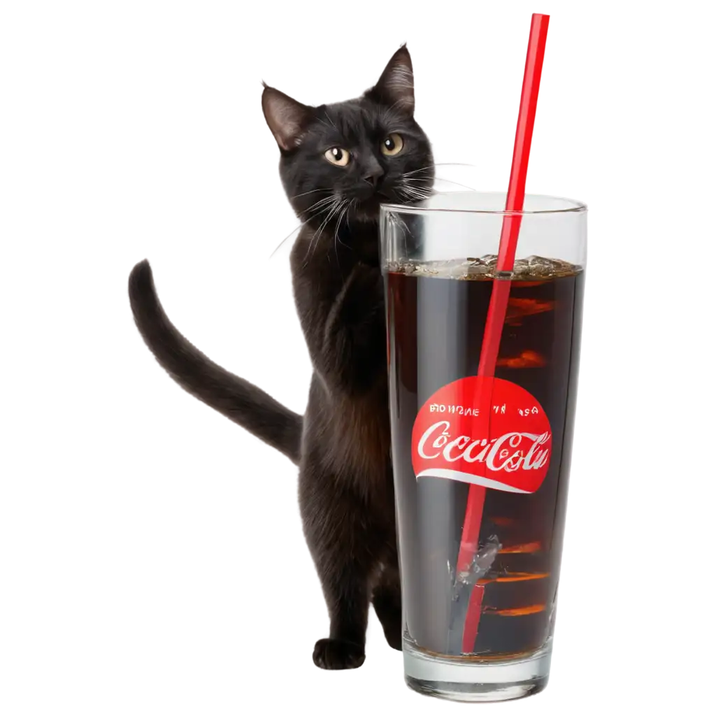 Cat-Drinking-CocaCola-from-Glass-Bottle-with-Straw-Engaging-PNG-Image-for-Creative-Content