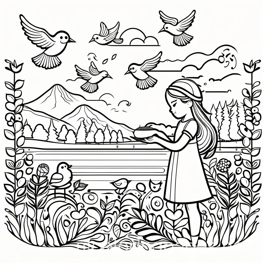 girl is feeding birds and on of them is on her hand, Coloring Page, black and white, line art, white background, Simplicity, Ample White Space. The background of the coloring page is plain white to make it easy for young children to color within the lines. The outlines of all the subjects are easy to distinguish, making it simple for kids to color without too much difficulty