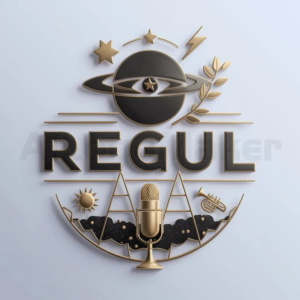 a logo design,with the text "REGUL", main symbol:astronomical symbol planet jupiter, star, lightning, gold, branch, eye with star, sun, ladder, astronomical symbol mercury, microphone, trumpet, jupiter, cosmos, volume,complex,be used in Internet industry,clear background