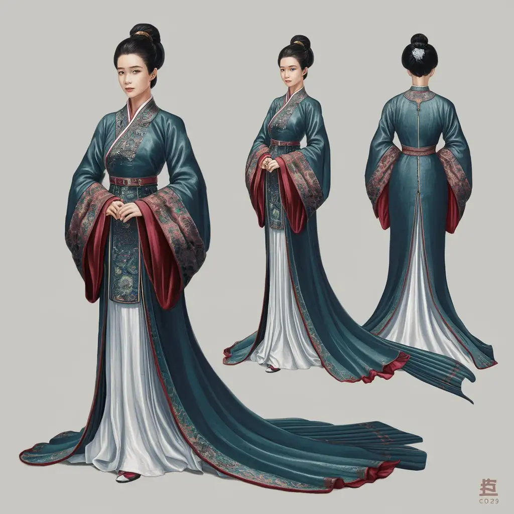 Warring States robe, female aristocrat, front, side, back views, skirt with curved hem, gathered sleeves, dragging on the ground in fishtail shape.
