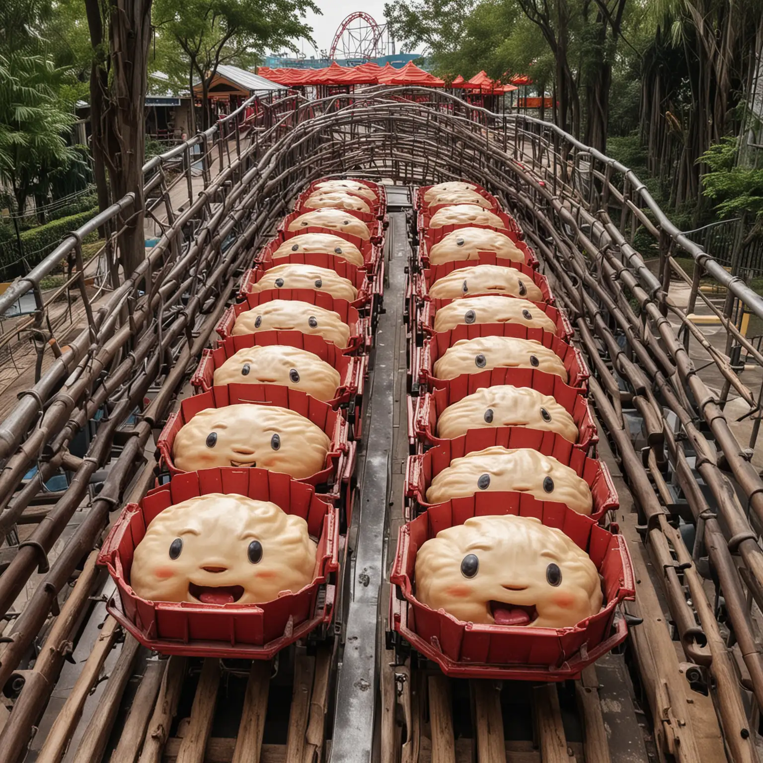 an empty rollercoaster with carts shaped like oversized char siu bao