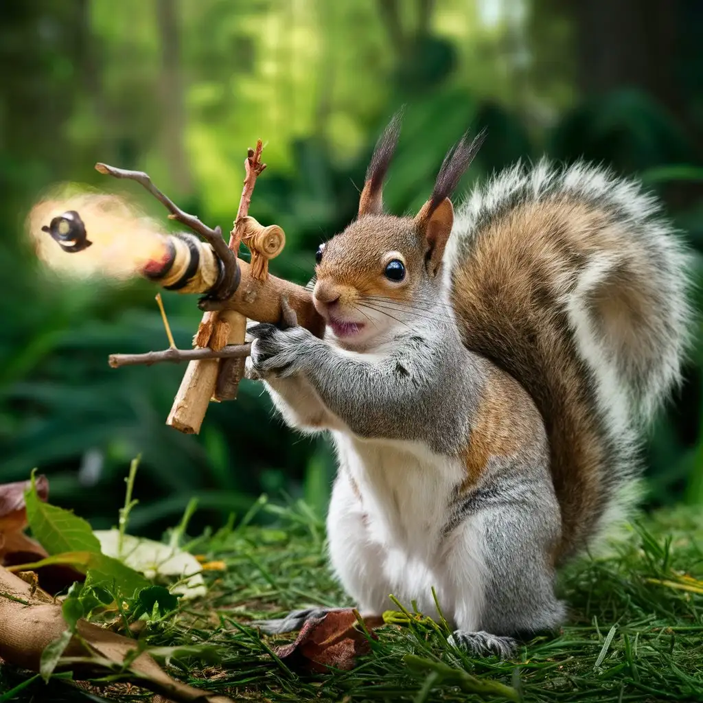 A realistic beautiful photo shows a scene in an enchanted forest, where the main character is a creatively acting beautiful squirrel. In the photo, the squirrel constructs an amazing mechanism from branches, leaves and found objects, creating something like a miniature airgun. This scene shows how the squirrel, with great precision and ingenuity, uses the materials available to her to create an unusual device. In the background stretches a lush, beautiful green forest that adds naturalness and depth to the composition, while emphasizing the genius and creativity of the animal.