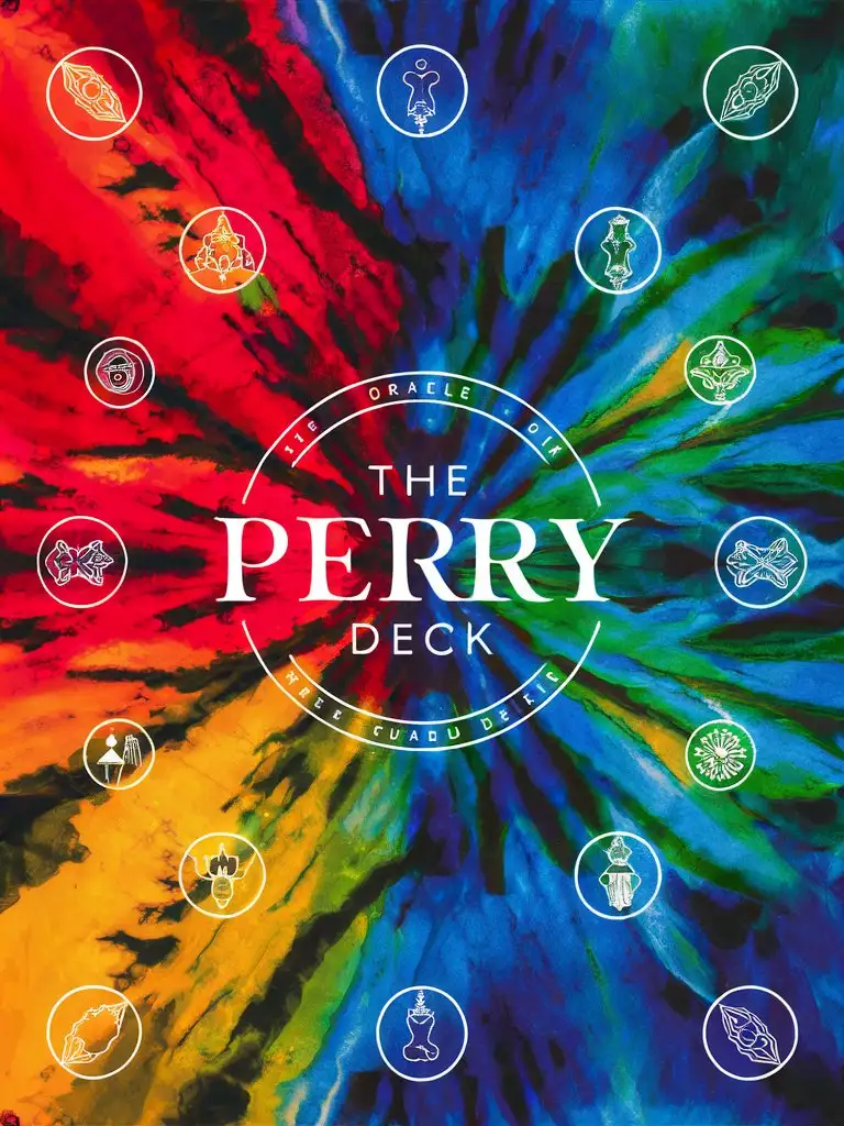 The background of an oracle card deck called "The Perry Deck". It is red, blue, green, and yellow tie dye and watercolor icon. 