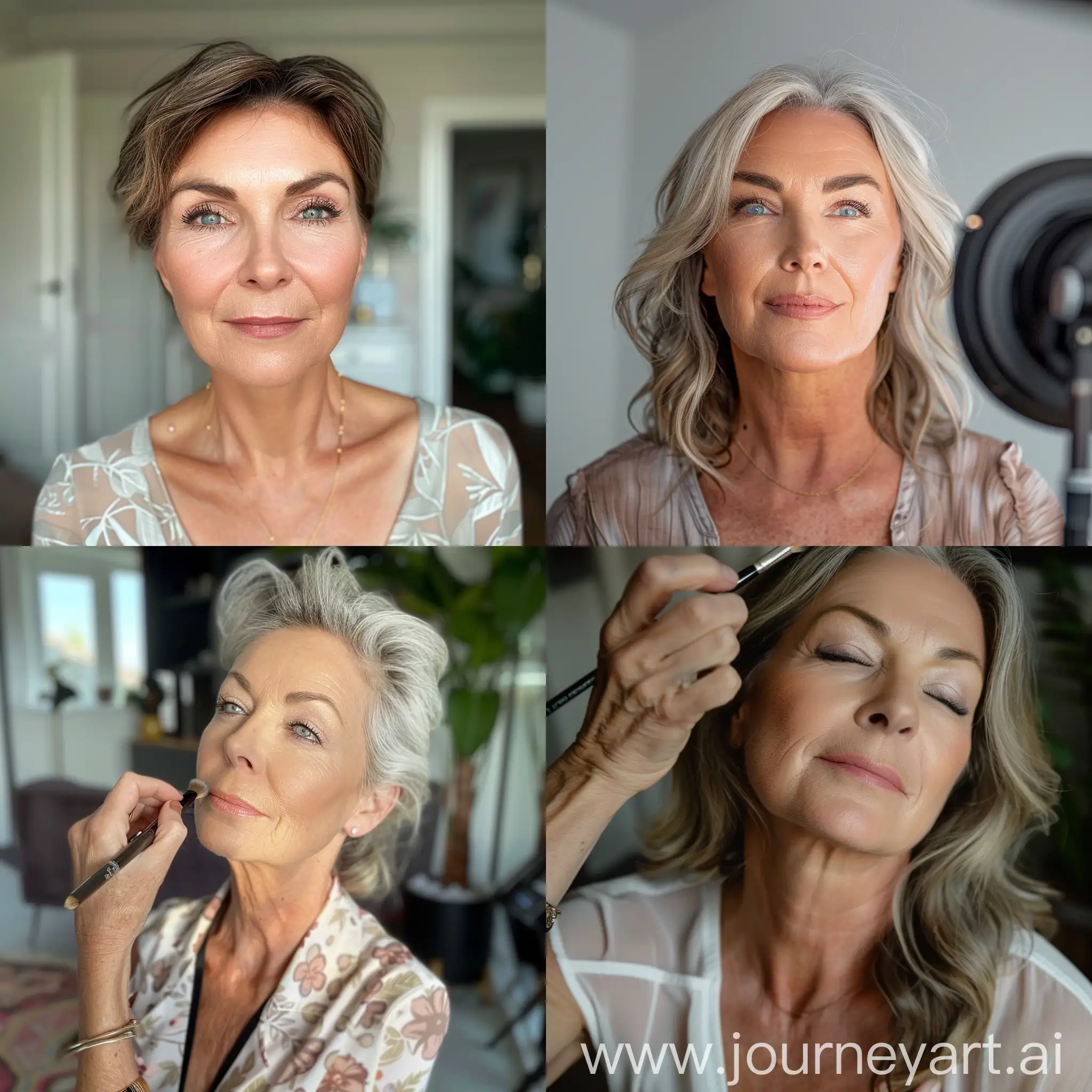 a gorgeous middle aged influencer woman, doing a make-up tutorial, décolletage, natural lightning