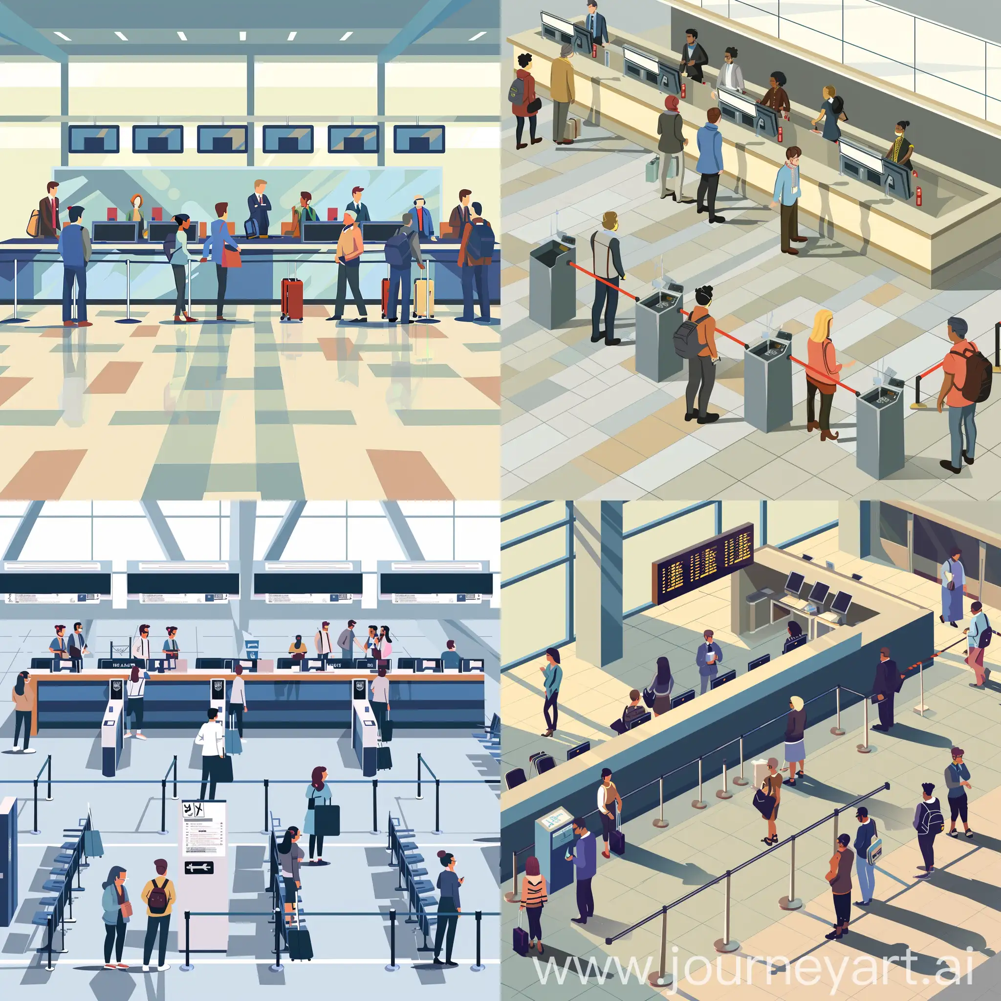 check-in desk at the airport. there are two queues in front of the check-in desk. one queue is very long, with a lot of people standing in it. the second queue is short, quick passage. cartoon style.