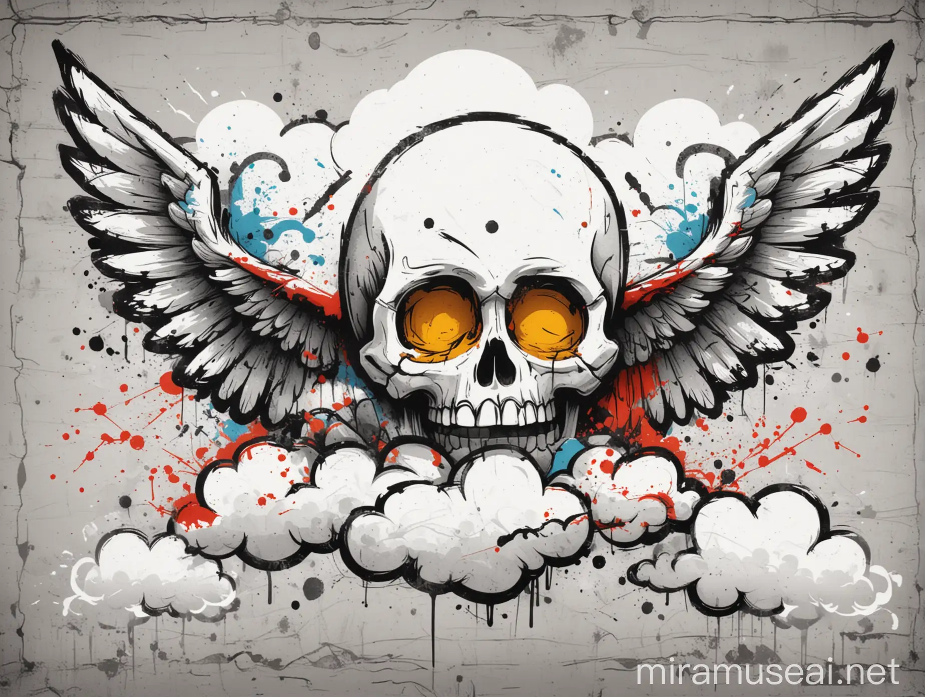 Bold Cartoon Skull with Wing Graffiti Art on White Background
