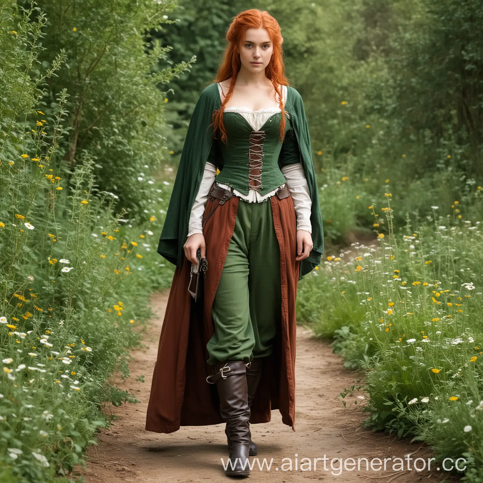 Medieval-Herbalist-Girl-with-Red-and-White-Hair-in-Trousers-and-Green-Corset